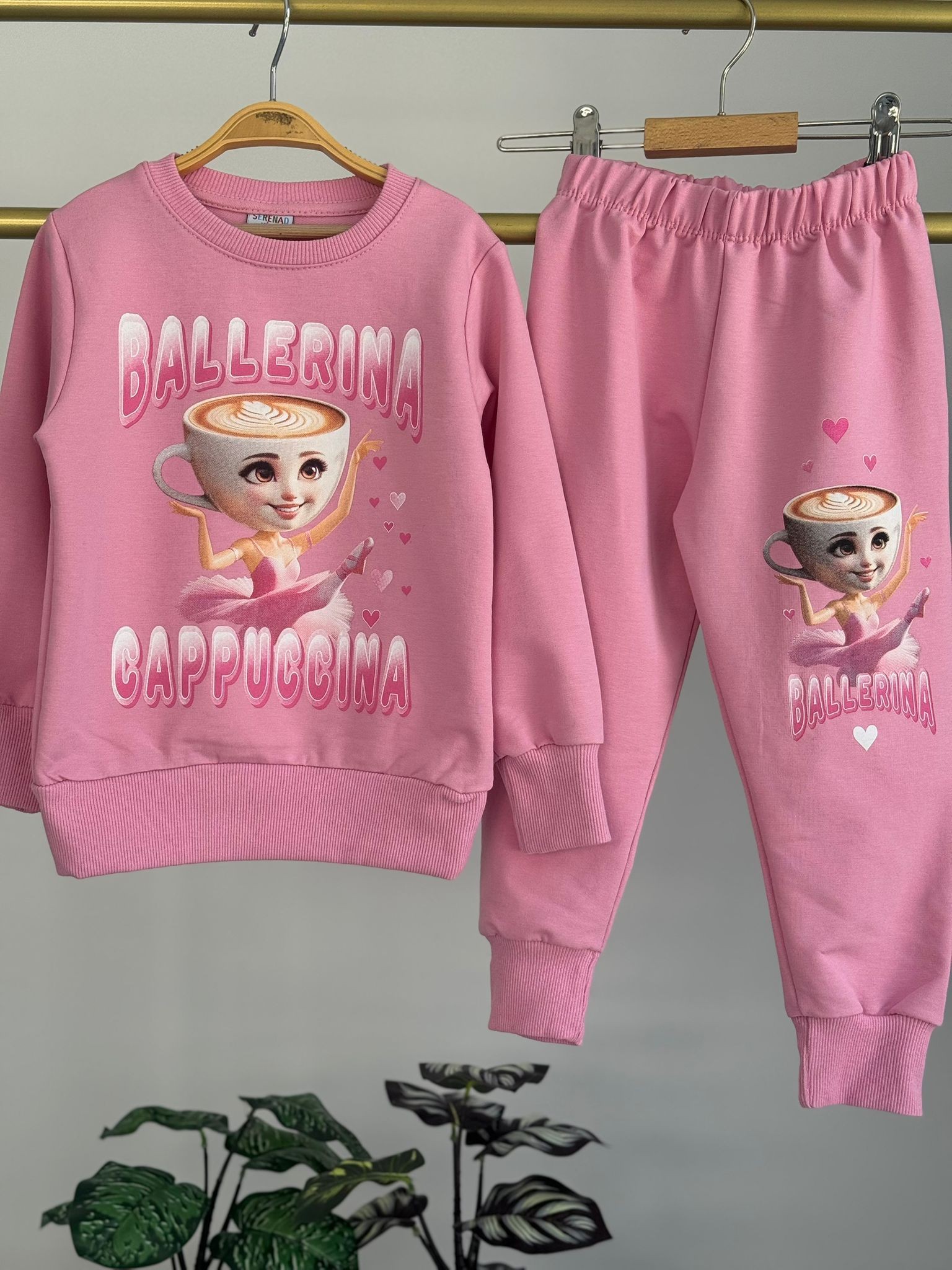 PJK2İ Ballerina Cappuccina Desenli 2 İp %100 Pamuk Kız Çocuk Eşofman Takımı 3-10 Yaş 8236 - FUŞYA