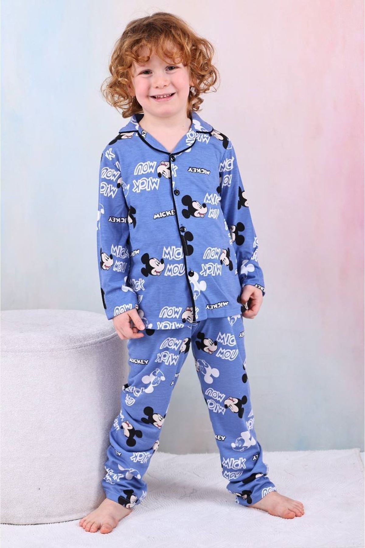 PJKÖ Mickey Mause Desenli Mavi Uzun Kollu Önden Düğmeli Erkek Çocuk Pijama Takımı 4-12 Yaş 605U