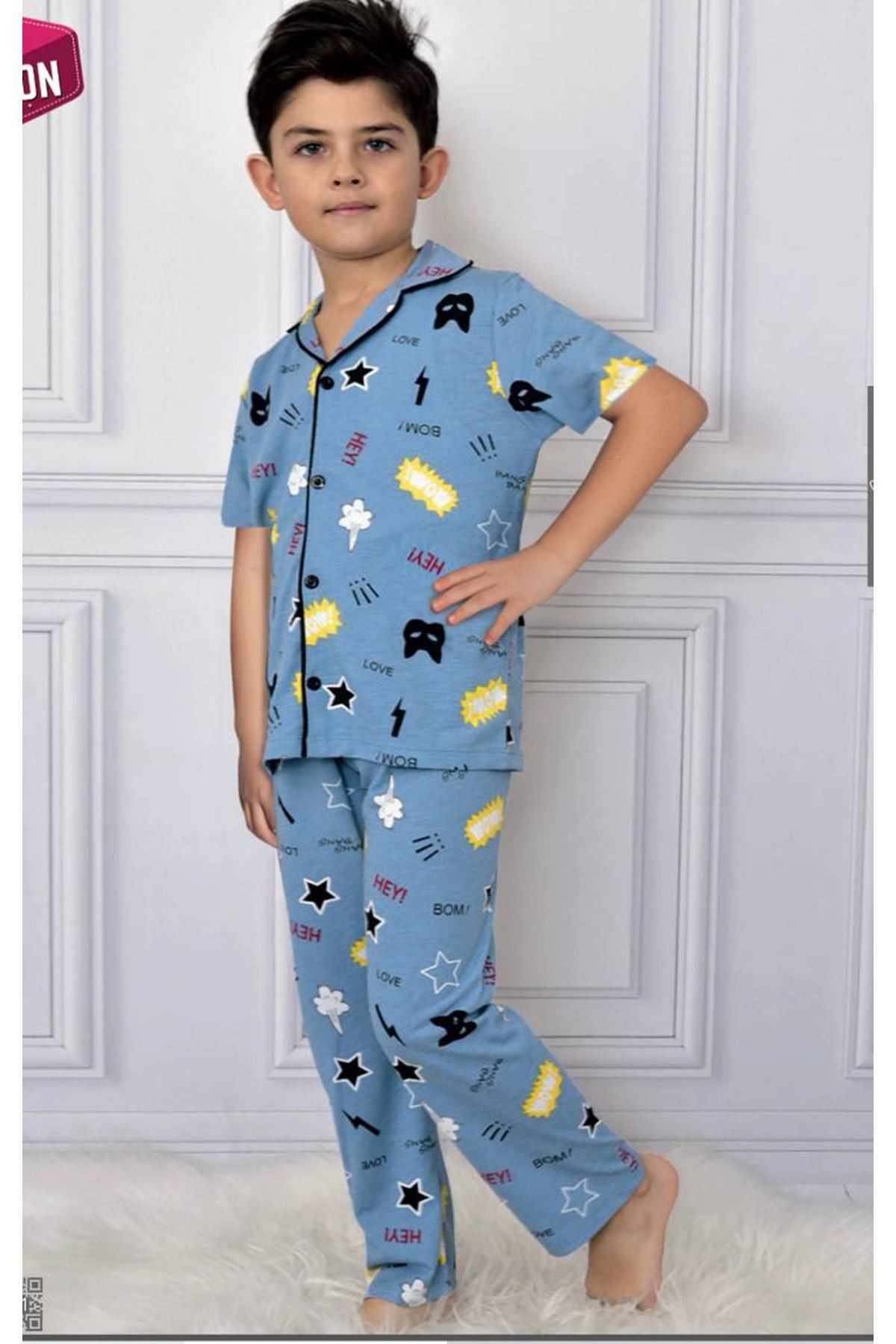 PJKÖ Hey Boom Desenli Mavi Kısa Kollu Önden Düğmeli Erkek Çocuk Pijama Takımı 4-12 Yaş 706K