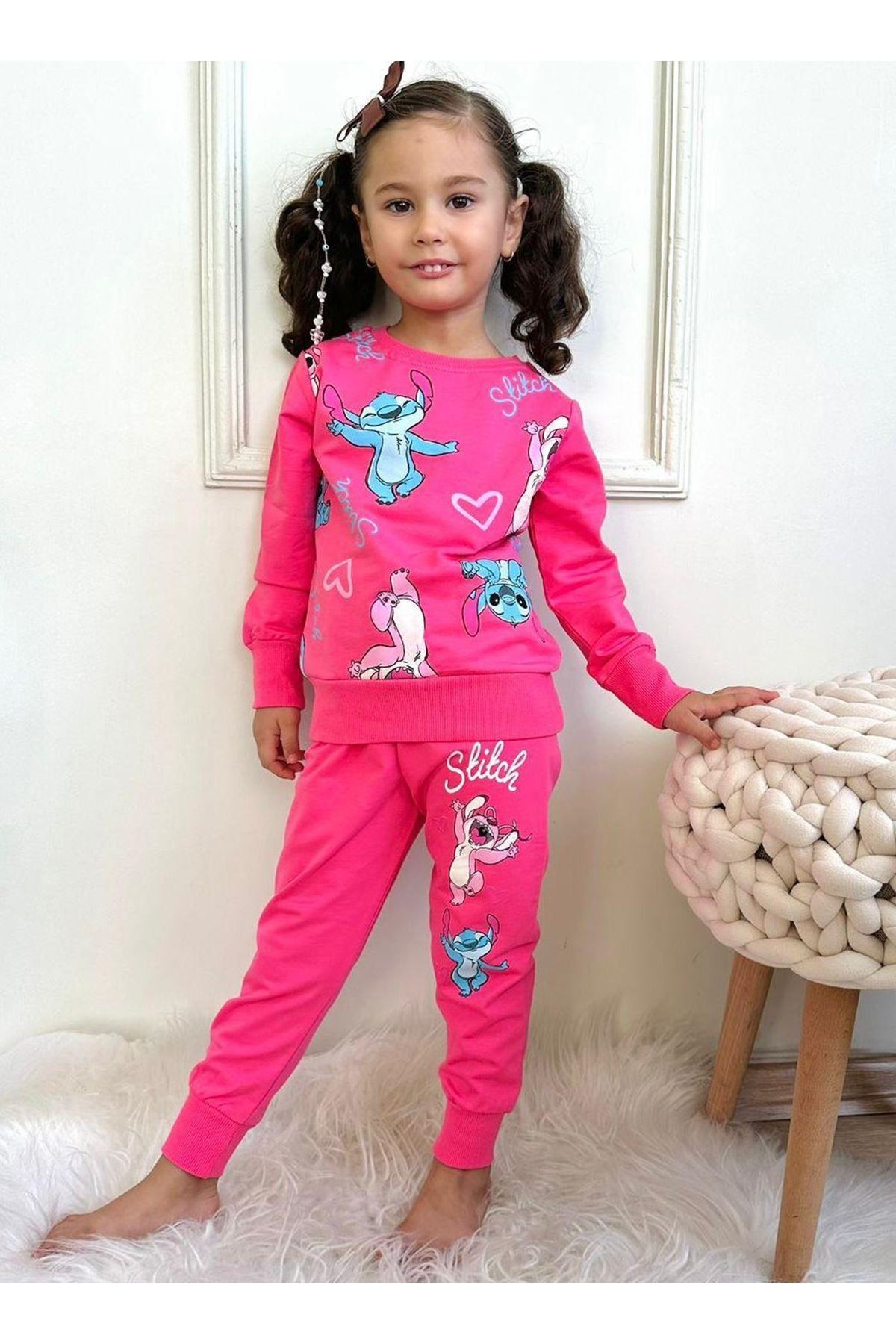 2PJK2İ Stitch Desenli Fuşya 2 İp %100 Pamuk Kız Çocuk Eşofman Takımı 3-10 Yaş 7317-F