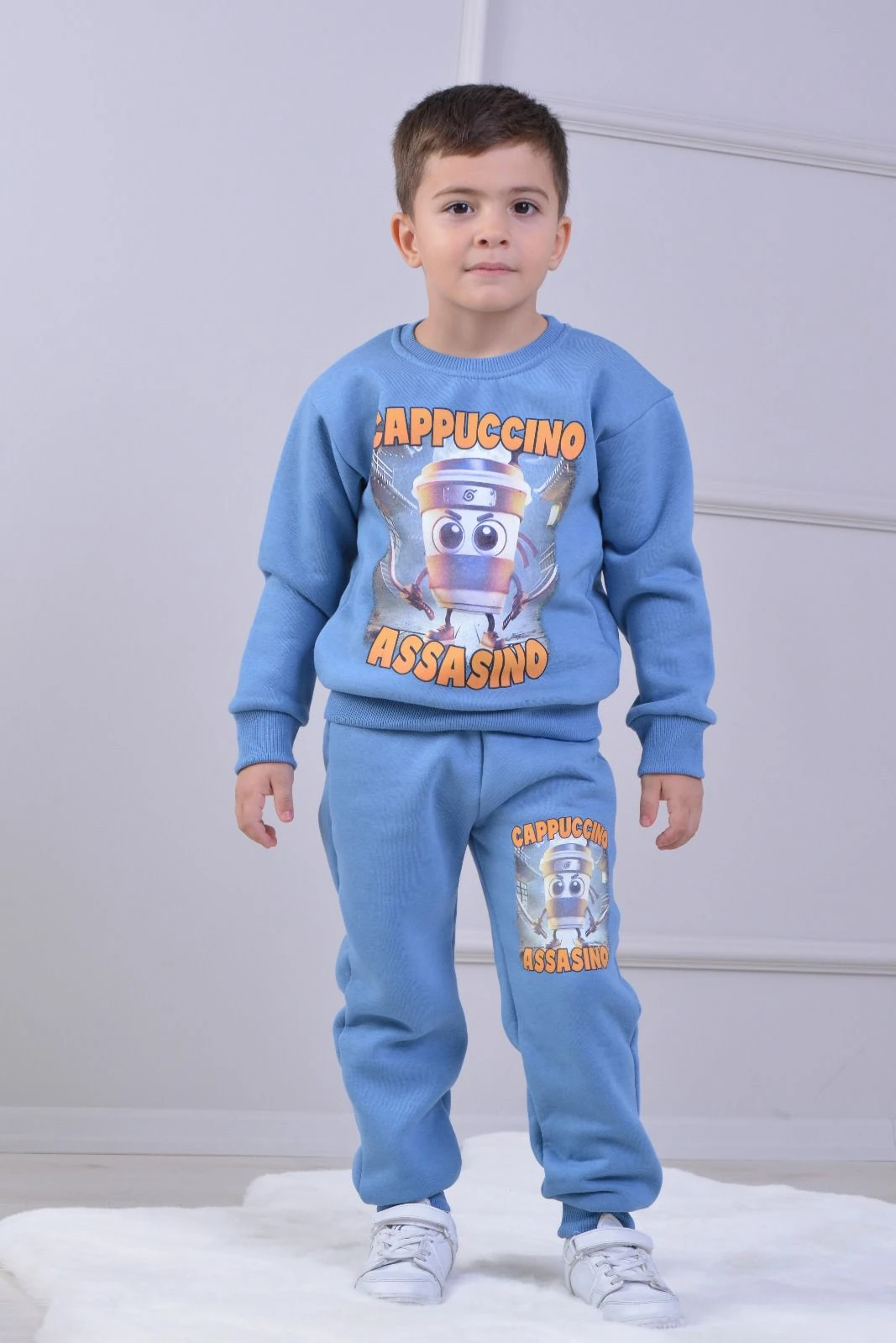PJK3İ Cappıcıno Desenli 3 İp Şardonlu %100 Pamuk Erkek Çocuk Eşofman Takımı 3-10 Yaş 8266 - MAVİ