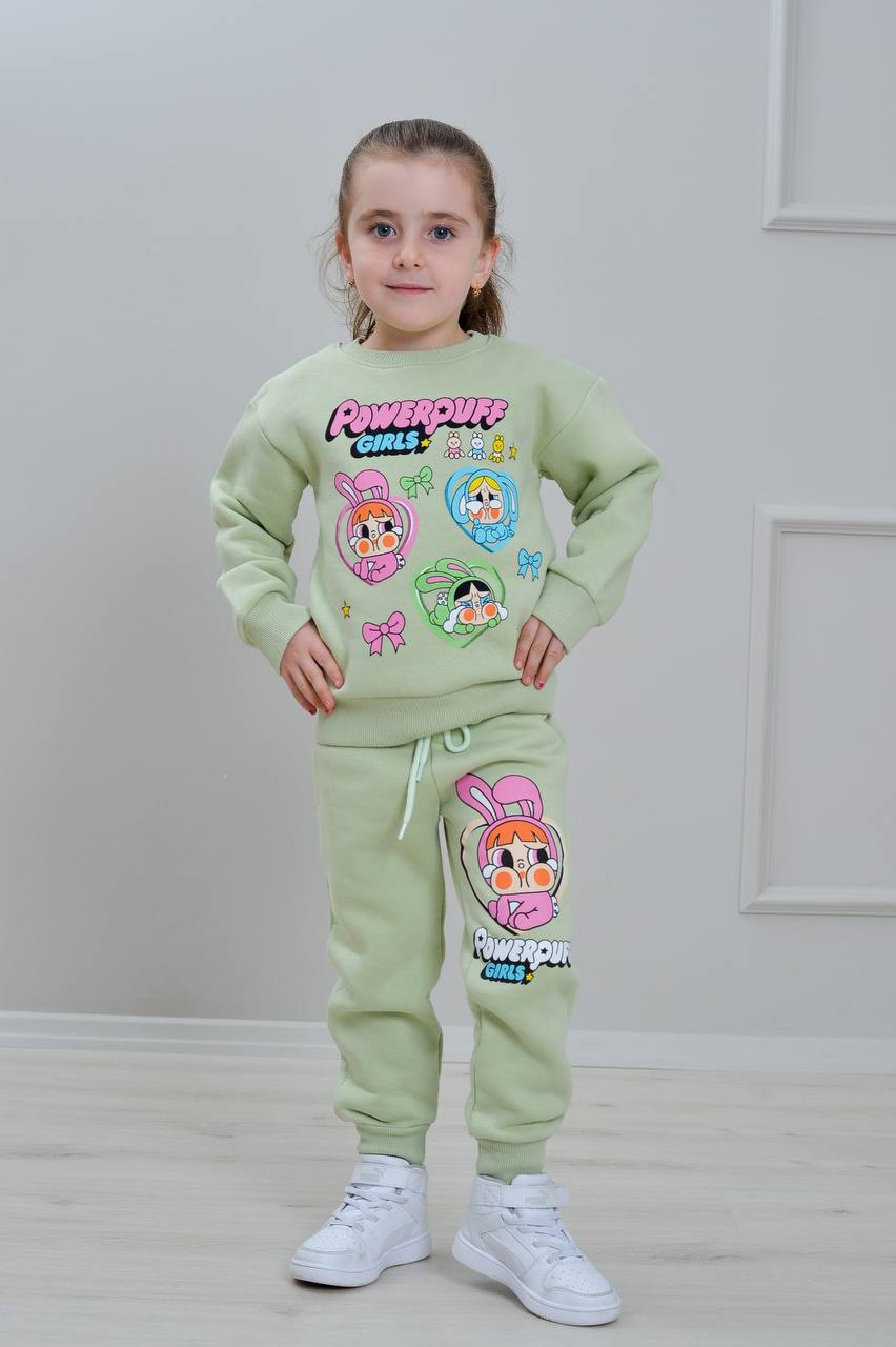 PJK3İ Powerpuff Desenli 3 İp Şardonlu %100 Pamuk Kız Çocuk Eşofman Takımı 3-10 Yaş 8285 - YEŞİL