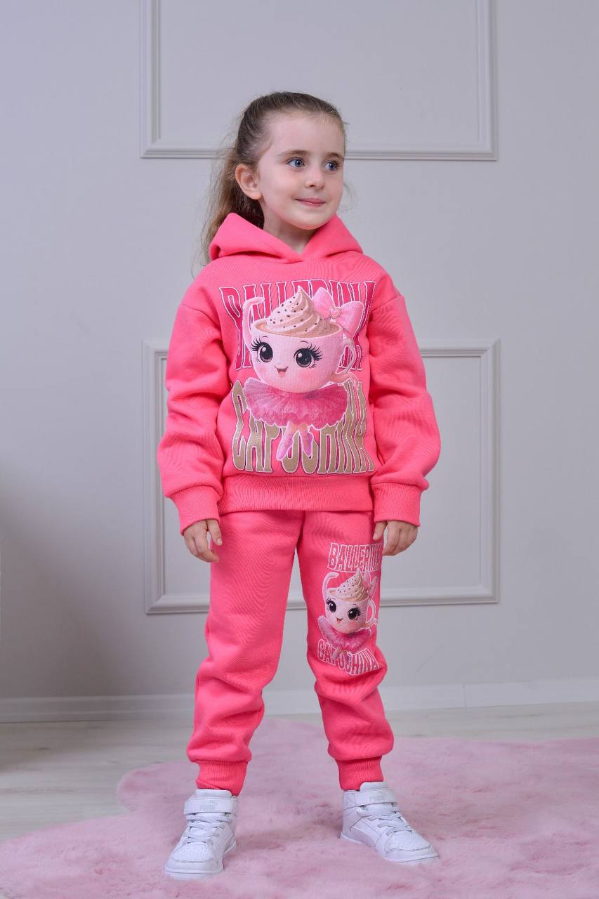PJK3İ Balarina Capicino Kız Desenli 3 İp Şardonlu Kapşonlu %100 Pamuk Kız Çocuk Eşofman Takımı 3-10 Yaş 8252 - FUŞYA