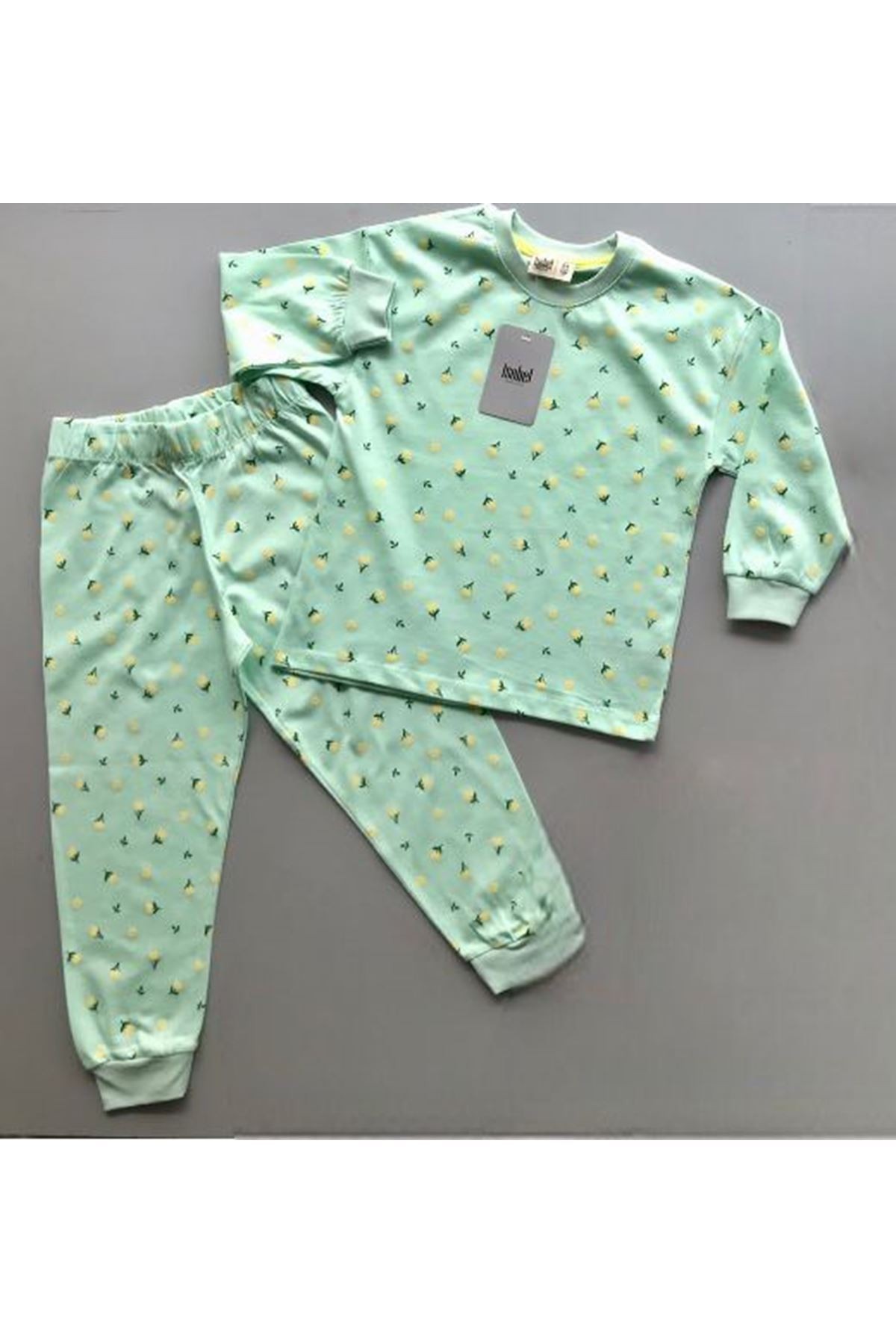 İSOB Mint Çiçek Desenli %100 Pamuk Kız Çocuk Pijama Takımı 7-12 Yaş 25402-M