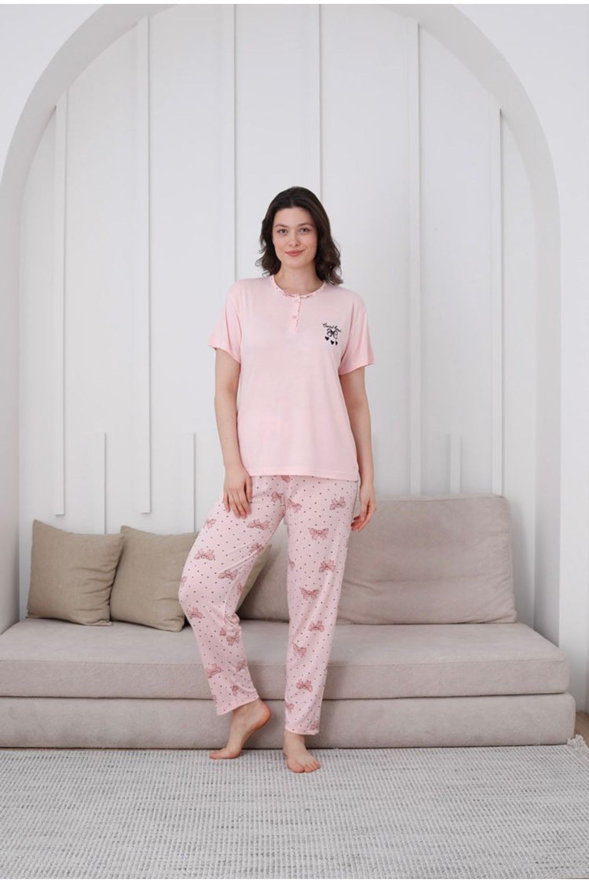 GLİSA Pudra Önden 2 Düğmeli Viskon Kumaş Kısa Kollu Bayan Pijama Takımı 5530-P