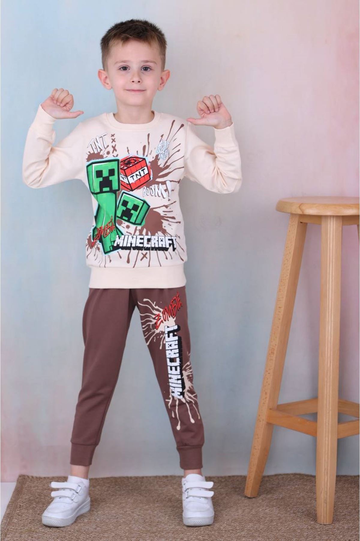 2PJK2İ Minecraft Desenli Kahverengi 2 İp %100 Pamuk Erkek Çocuk Eşofman Takımı 3-10 Yaş 7254-K
