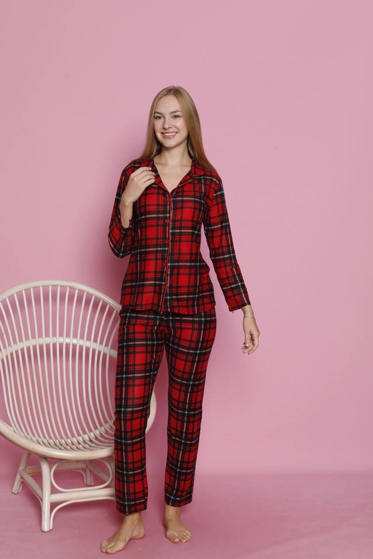 MLALE Kırmızı Ekose Desenli Süet Bayan Pijama Takımı 3210