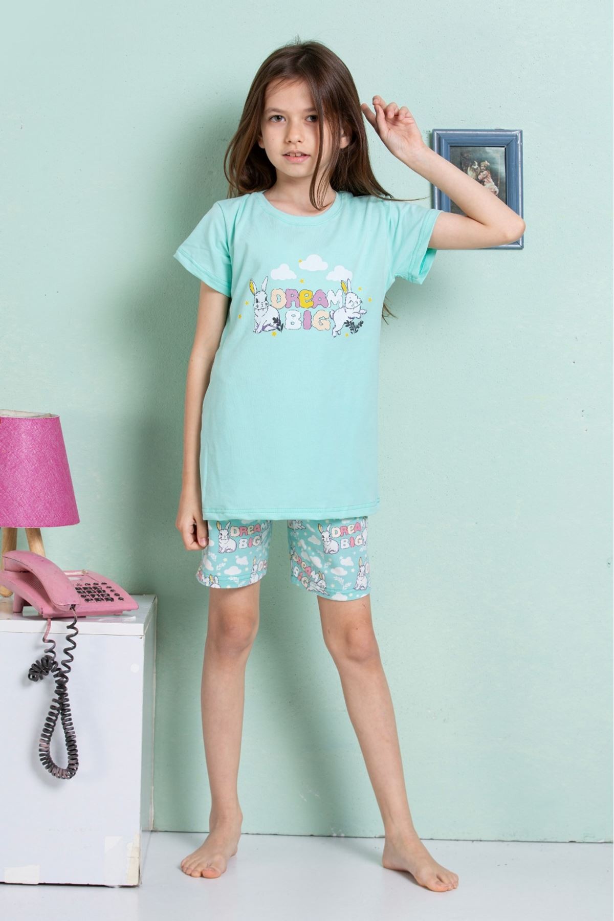ELMKP Su Yeşili Tavşan Desen Kız Çocuk Şortlu Pijama Takımı 3-10 Yaş 4203