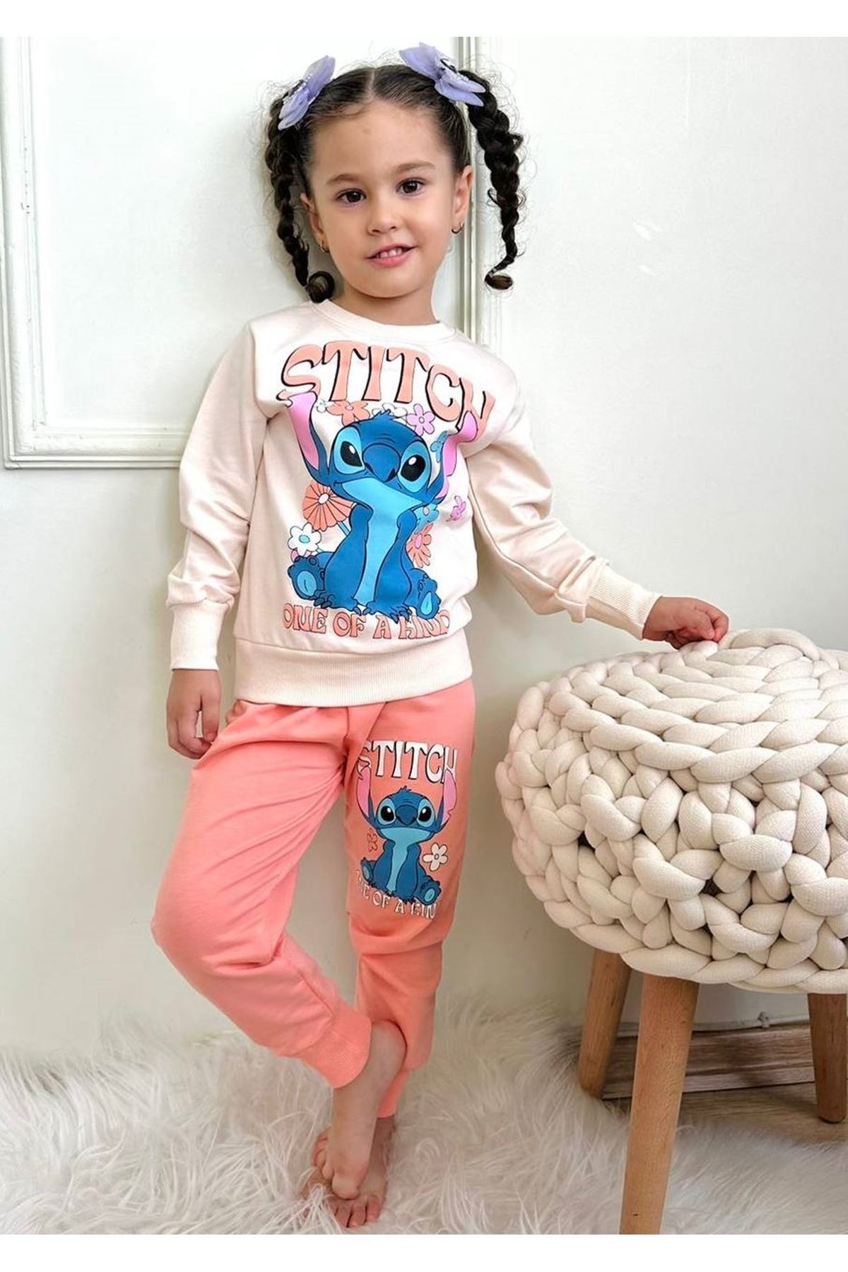 2PJK2İ Stitch Desenli Somon 2 İp %100 Pamuk Kız Çocuk Eşofman Takımı 3-10 Yaş 7293-S