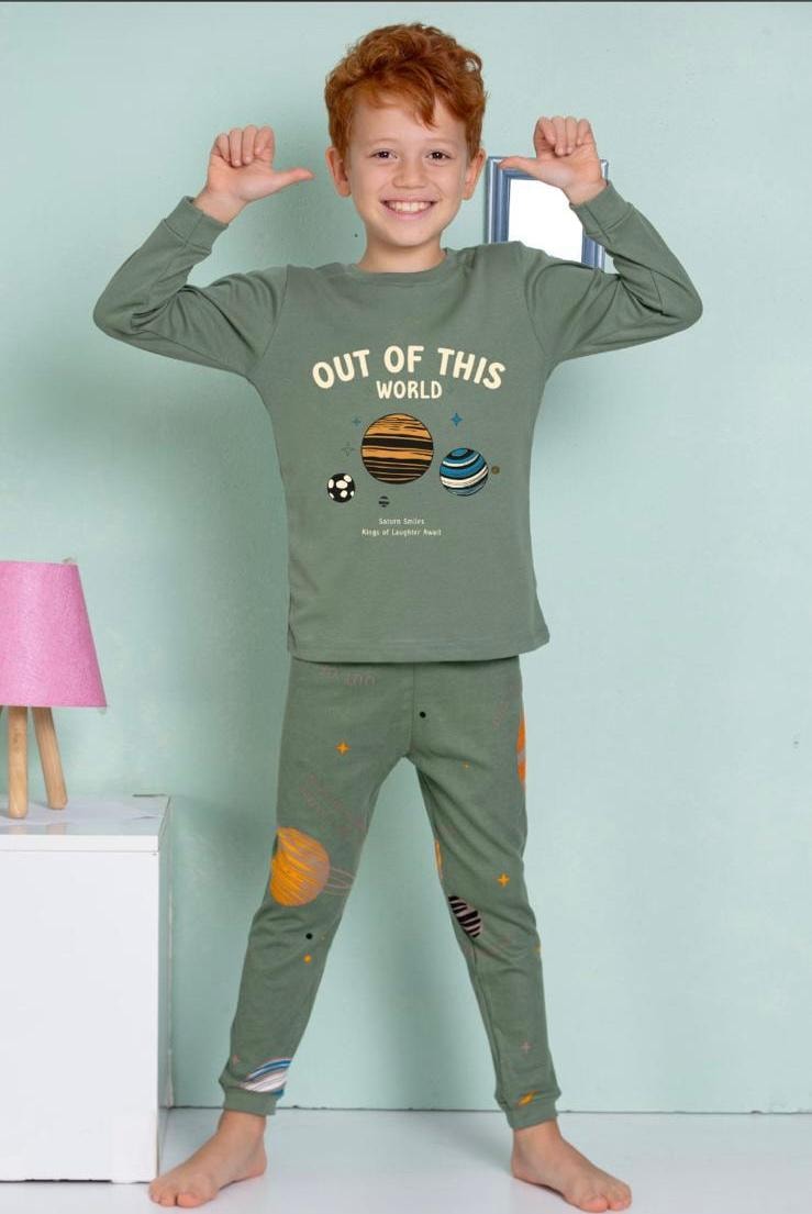 ELMPUP Yeşil Gezegen Desenli %100 Pamuk Erkek Çocuk Pijama Takımı 1-13 Yaş 3067