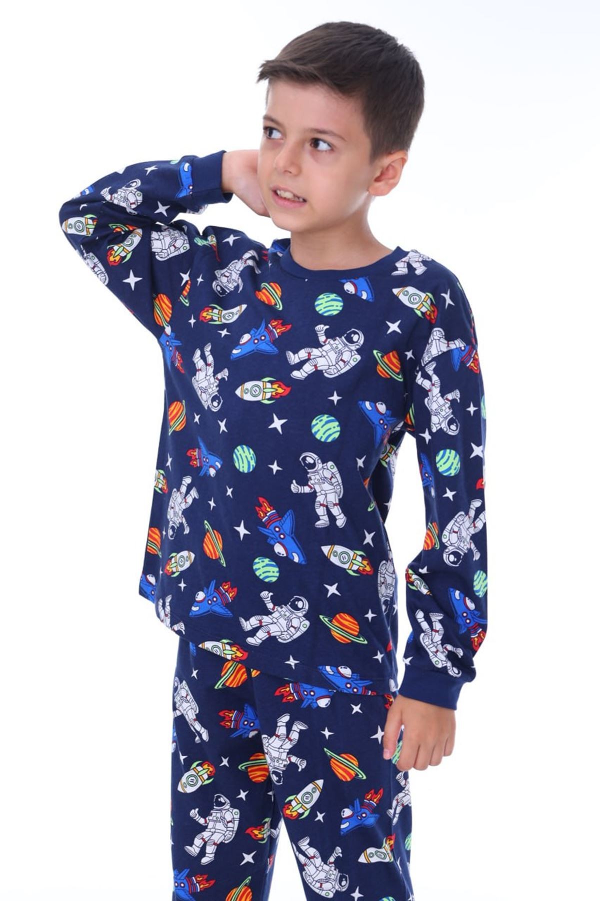 İSOB Lacivert Uzay Desenli %100 Pamuk Erkek Çocuk Pijama Takımı 8-13 Yaş 41509-L