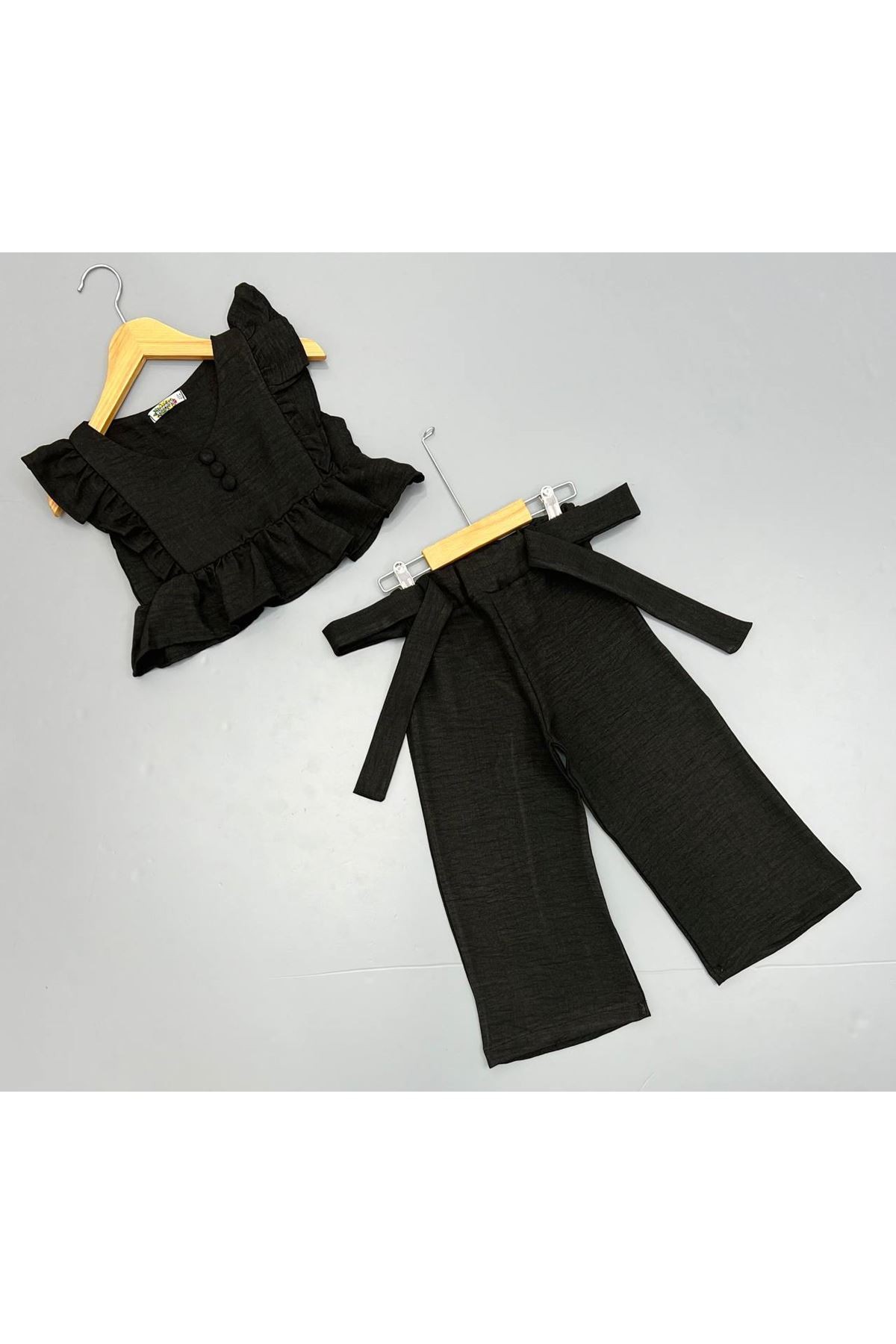Keten Crop ve Pantolonlu Kız Takım Siyah 3-10 Yaş 507-S