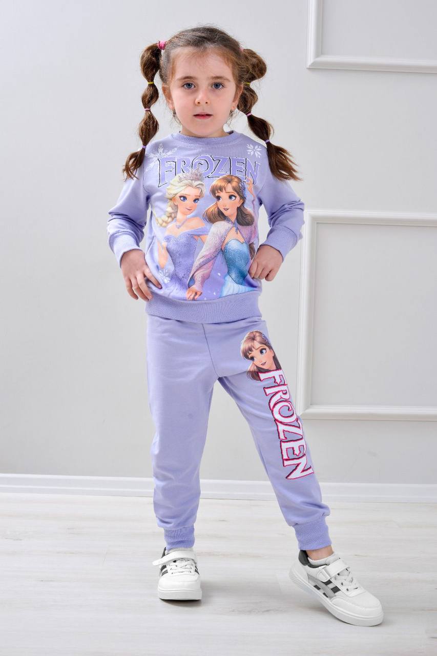 PJK2İ Frou Desenli 2 İp %100 Pamuk Kız Çocuk Eşofman Takımı 3-10 Yaş 6408 - LİLA