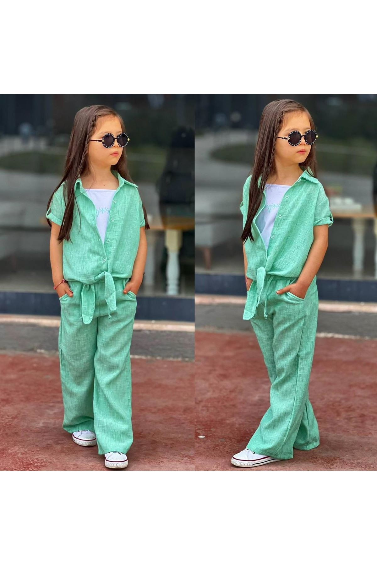 3lü Keten Bağlamalı Gömlek, Askılı Badi, Pantolonlu Kız Takım Mint 5-14 Yaş 7095-M