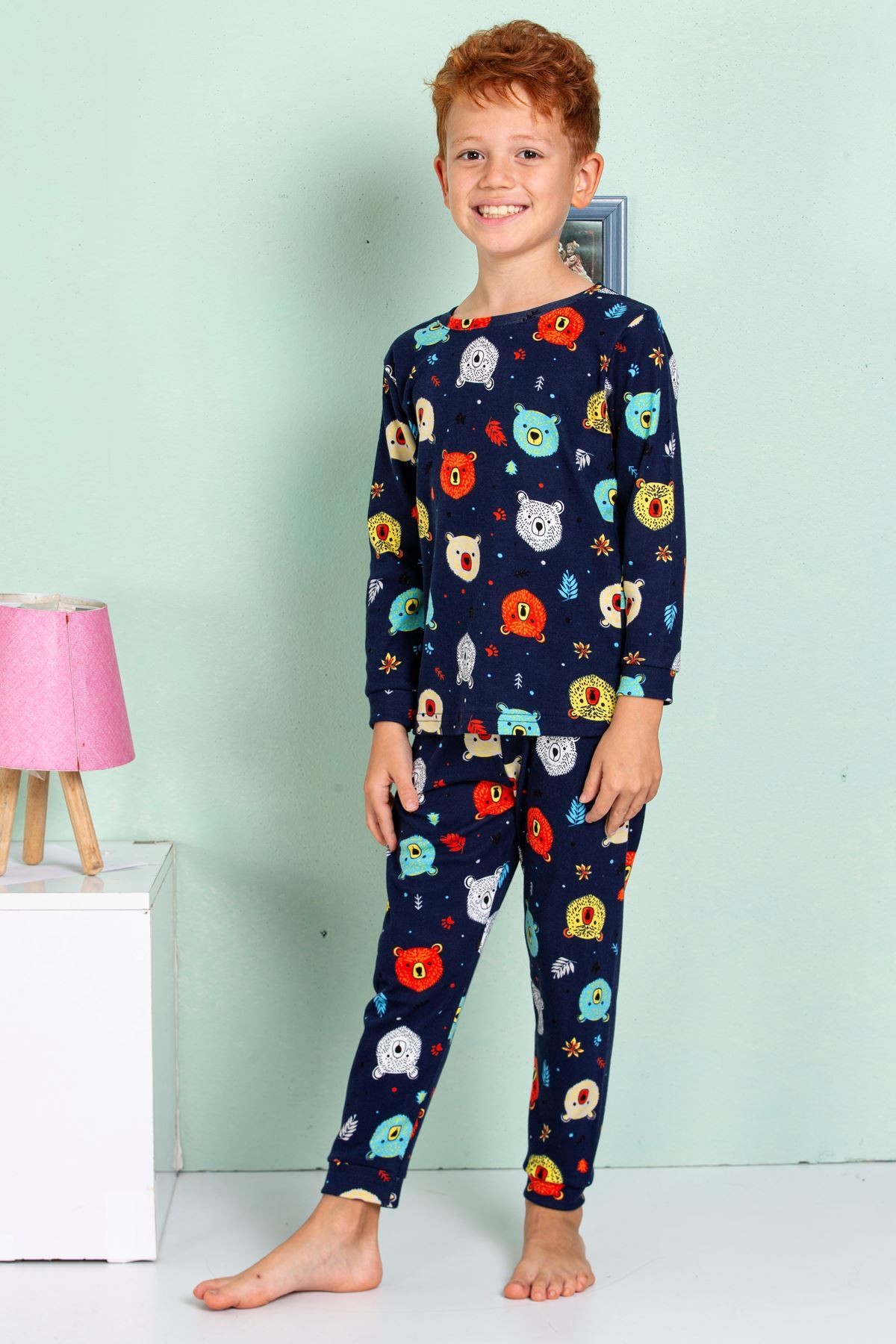 ELMP Lacivert Ayıcık Desenli %100 Pamuk Erkek Çocuk Pijama Takımı 1-13 Yaş 3060