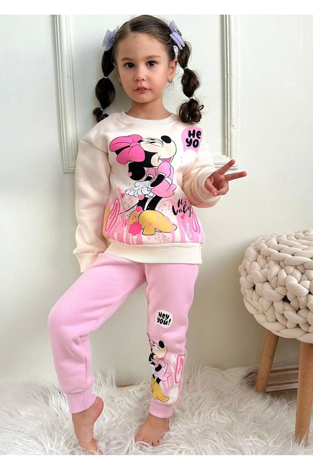 PJK3İ Minnie Mause Desenli Pembe 3 İp Şardonlu %100 Pamuk Kız Çocuk Eşofman Takımı 3-10 Yaş 7333-P