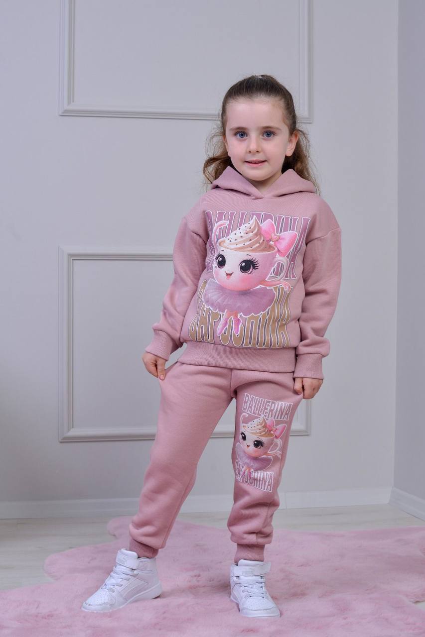 PJK3İ Balarina Capicino Kız Desenli 3 İp Şardonlu Kapşonlu %100 Pamuk Kız Çocuk Eşofman Takımı 3-10 Yaş 8252 - GÜL KURUSU