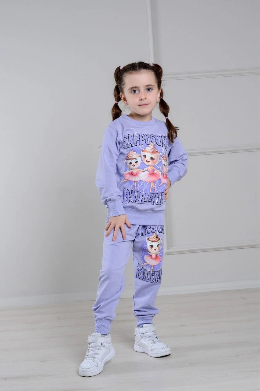 PJK2İ Cappuccına Desenli 2 İp %100 Pamuk Kız Çocuk Eşofman Takımı 3-10 Yaş 6412 - LİLA