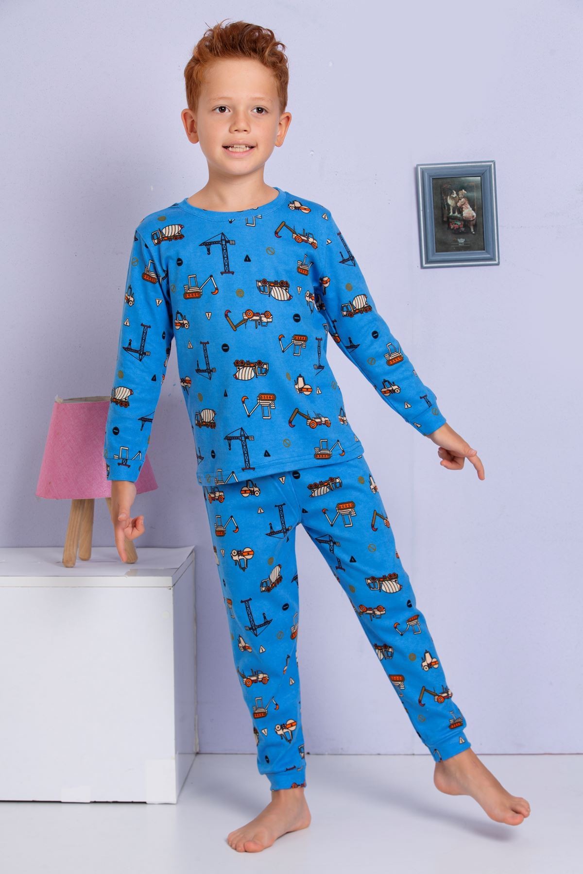 ELMP Mavi İş Makinesi Desenli %100 Pamuk Erkek Çocuk Pijama Takımı 1-13 Yaş 3055