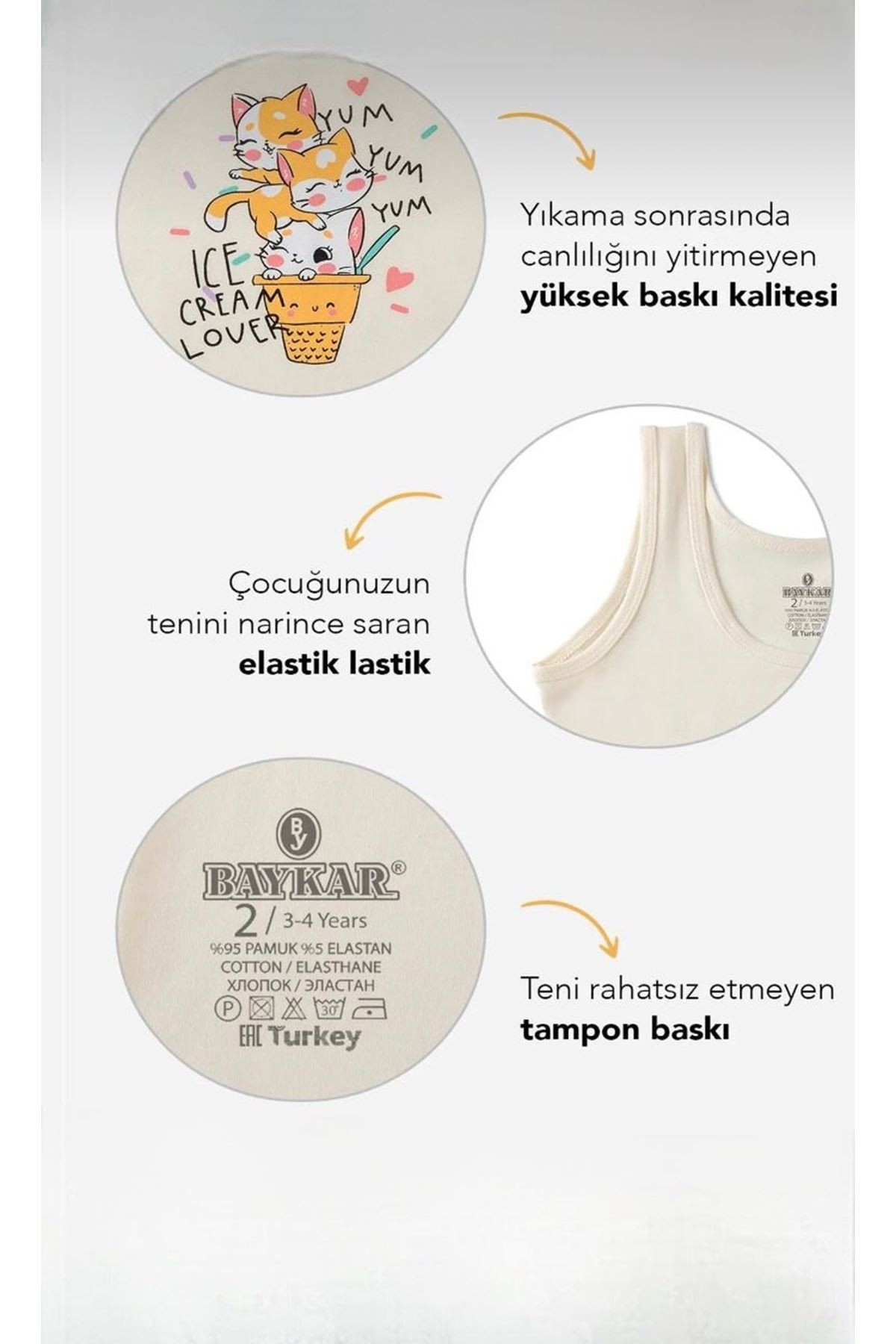Baykar Geniş Askılı Karışık Desen 3lü Kız Çocuk Atlet Seti 4684