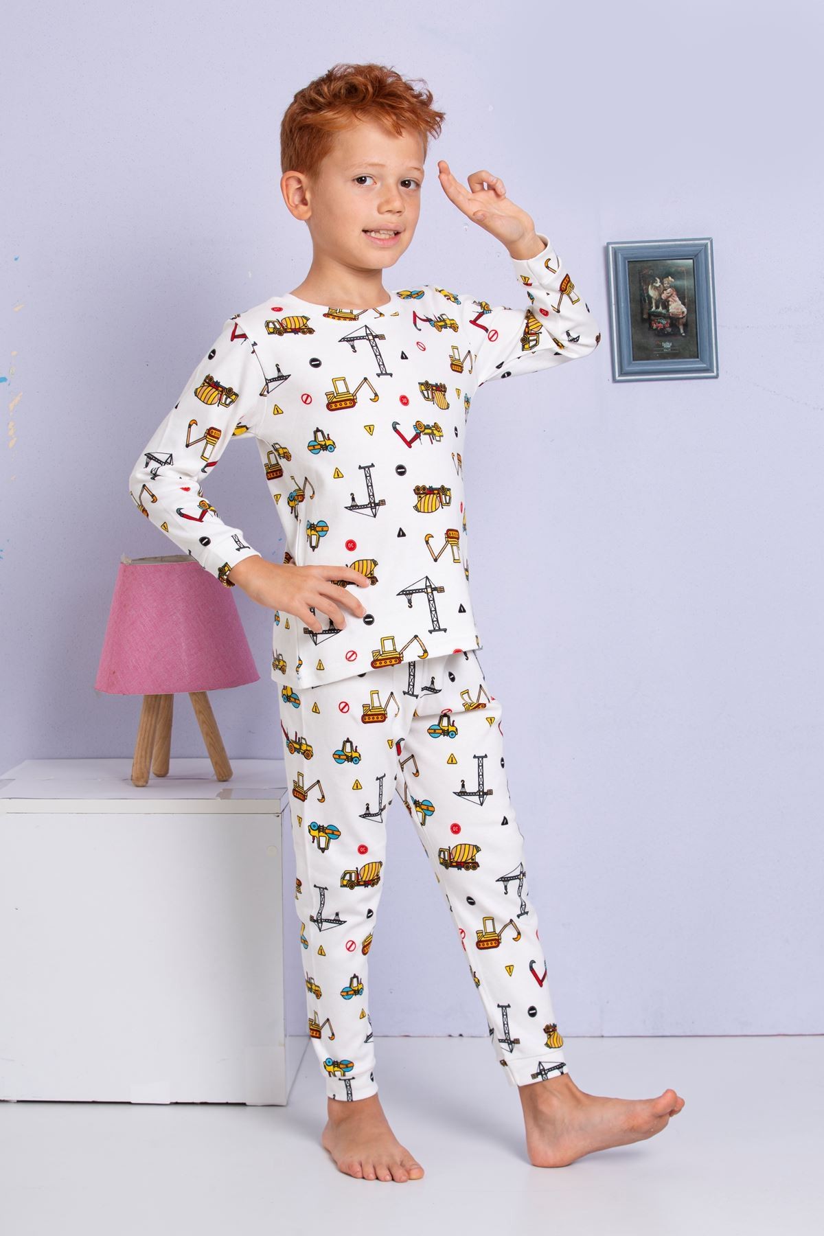 ELMP Ekru İş Makinesi Desenli %100 Pamuk Erkek Çocuk Pijama Takımı 1-13 Yaş 3058