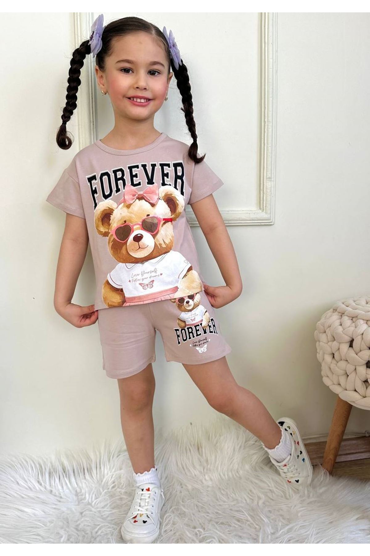 PJKSKT Forever Tatlı Ayıcık Desenli Gül Kurusu Şortlu Kız Çocuk Kısa Kol Takım 7554-GK