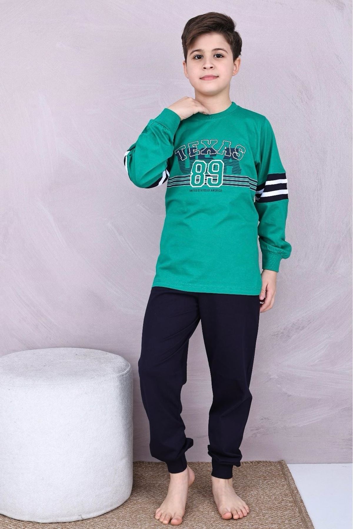 KAPİP Yeşil Texas Baskılı Uzun Kollu Erkek Çocuk Pijama Takımı 11-15 Yaş 7015-Y
