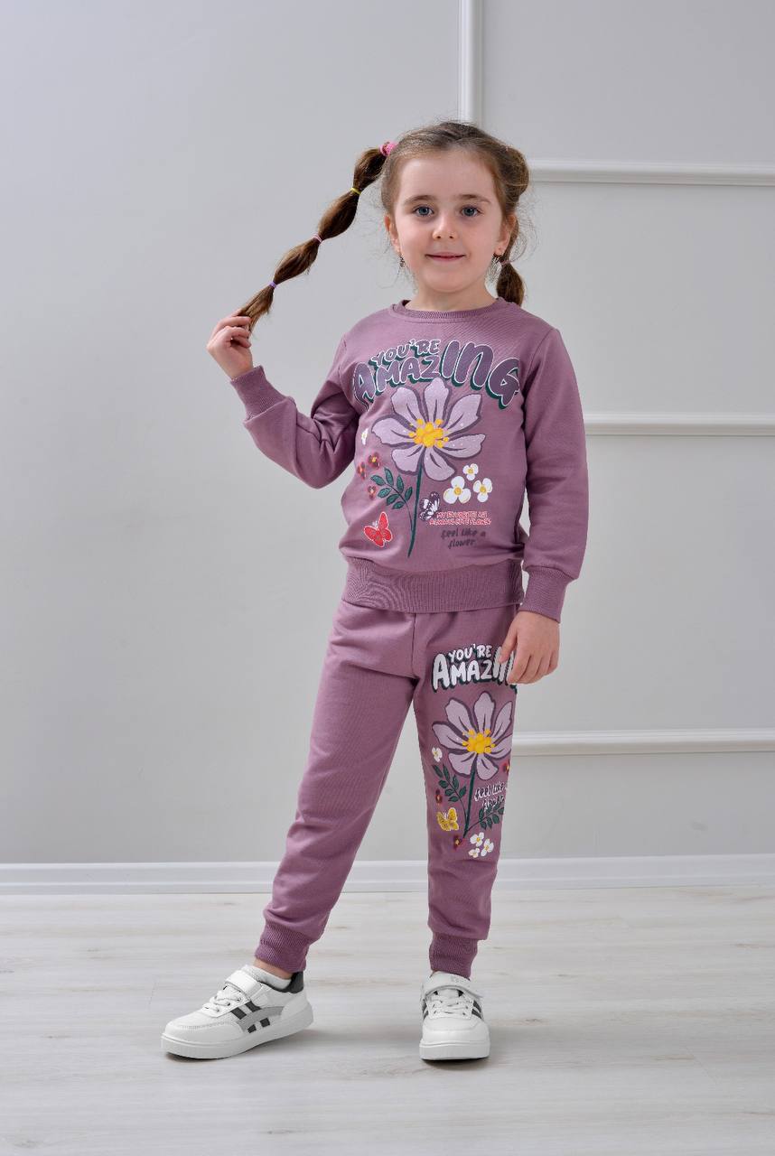 PJK2İ Amazıng Çiçek Desenli 2 İp %100 Pamuk Kız Çocuk Eşofman Takımı 3-10 Yaş 6411 - GÜL KURUSU