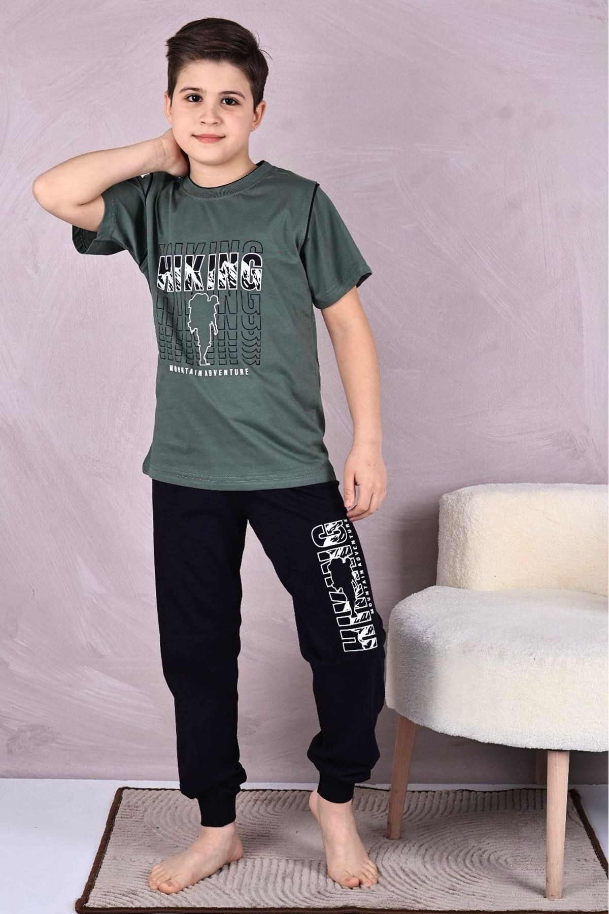 KAPİP Haki Hıkıng Baskılı Kısa Kollu Erkek Çocuk Pijama Takımı 11-15 Yaş 7025-H