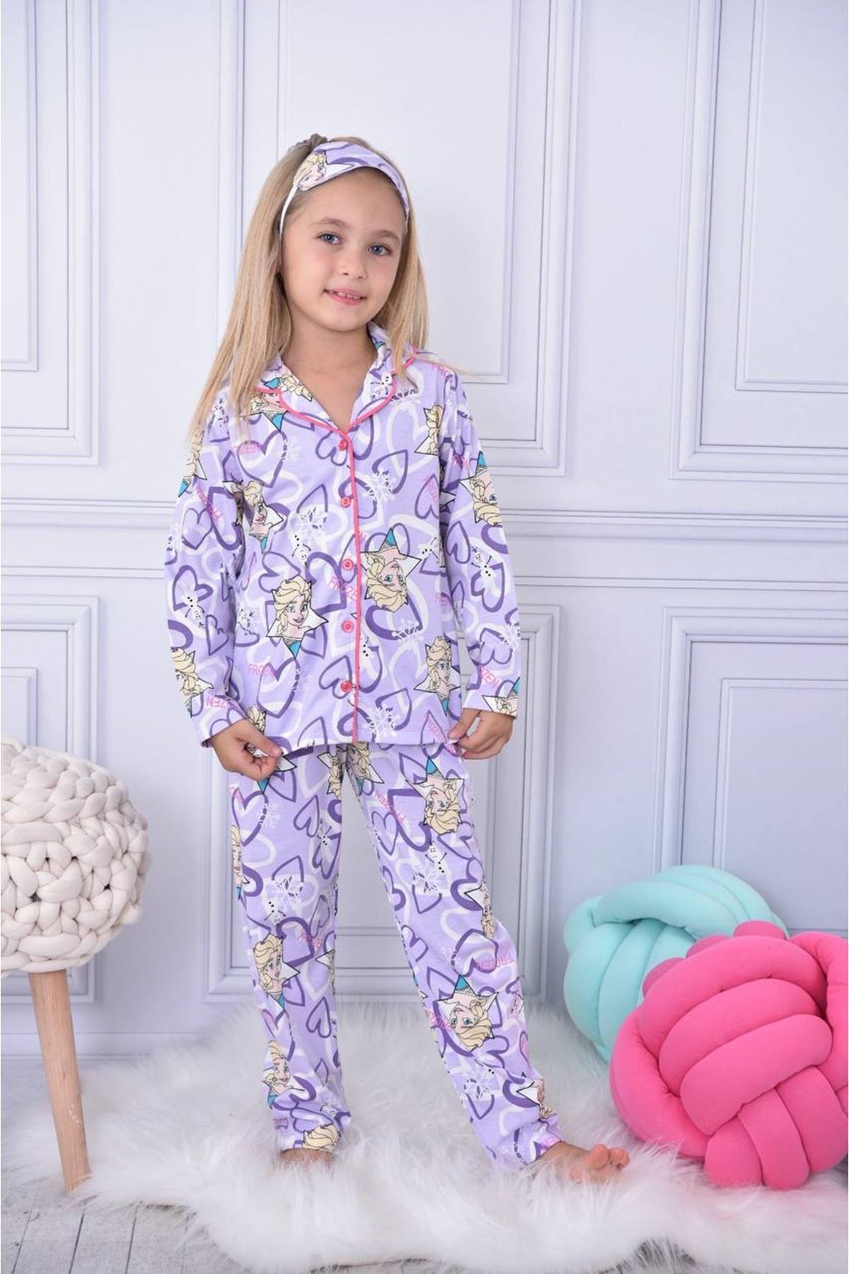 PJKÖ Frouzen Elsa Desenli Lila Uzun Kollu Önden Düğmeli Kız Çocuk Pijama Takımı 4-12 Yaş 579U