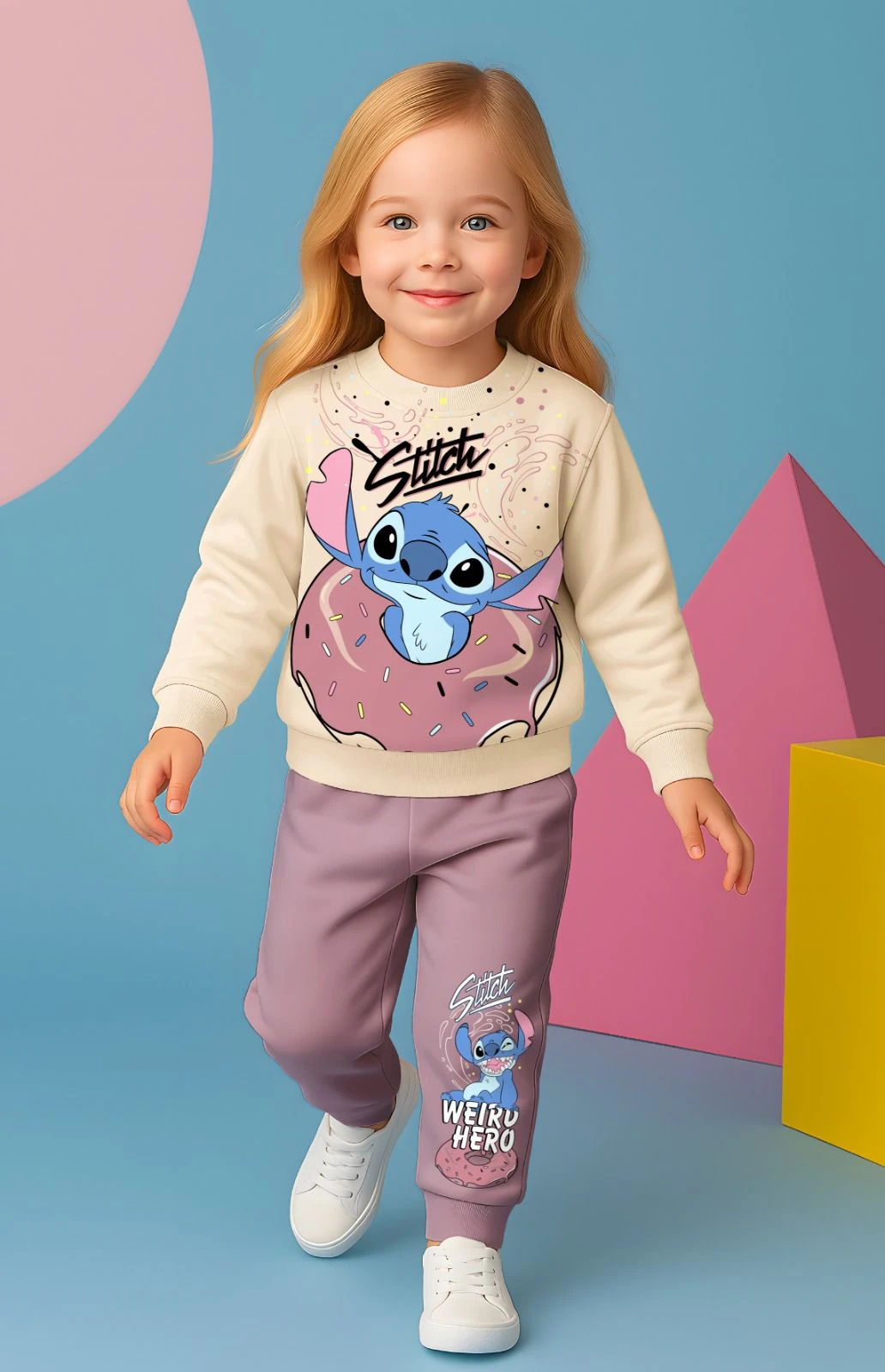 PJK2İ Stitch Desenli 2 İp %100 Pamuk Kız Çocuk Eşofman Takımı 3-10 Yaş 8114