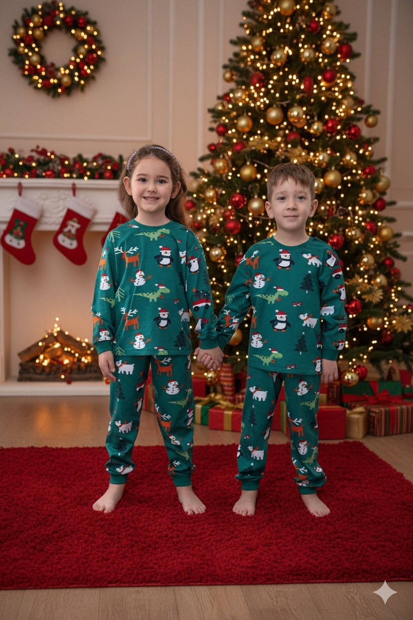 İSOB Yeşil Yeni Yıl Desenli %100 Pamuk Kız ve Erkek Çocuk Pijama Takımı 3-13 Yaş 42228-Y