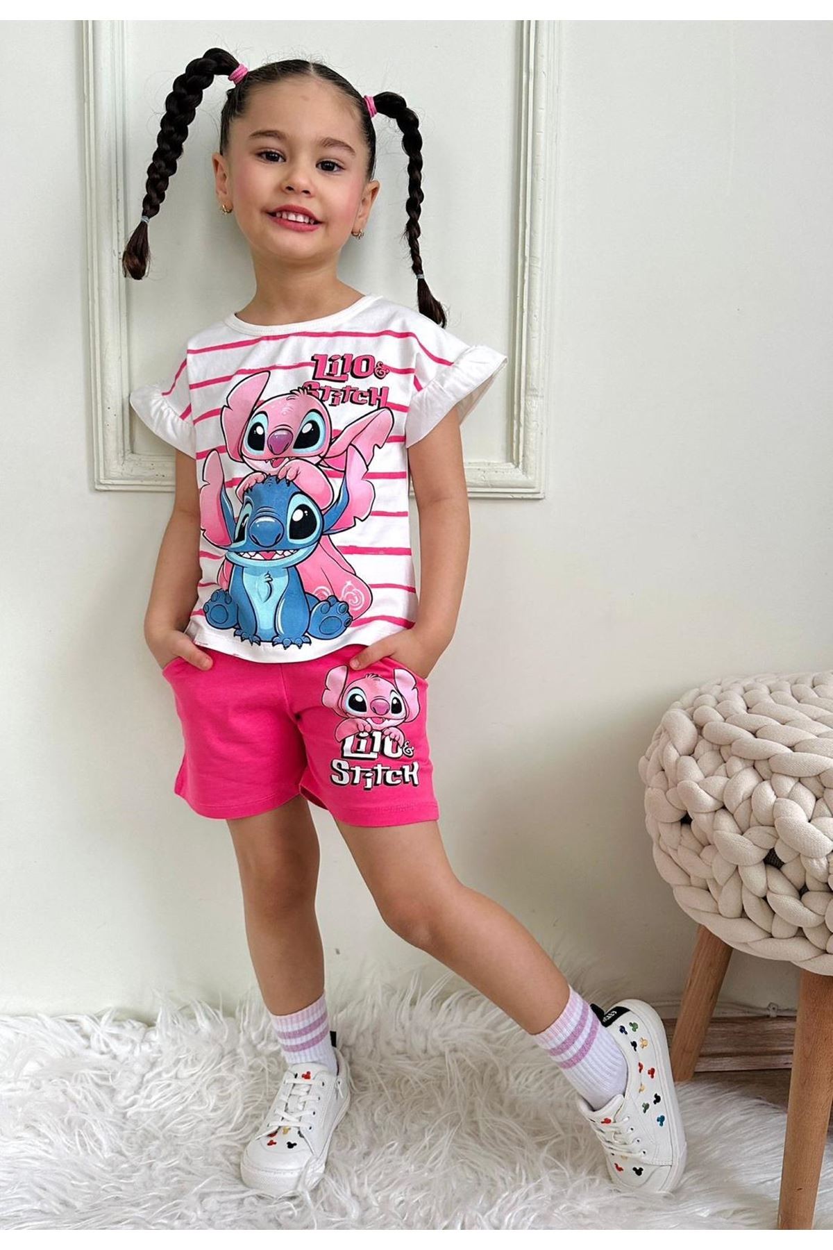 PJKSKT Stitch Desenli Fuşya Şortlu Kız Çocuk Kısa Kol Takım 7531-F