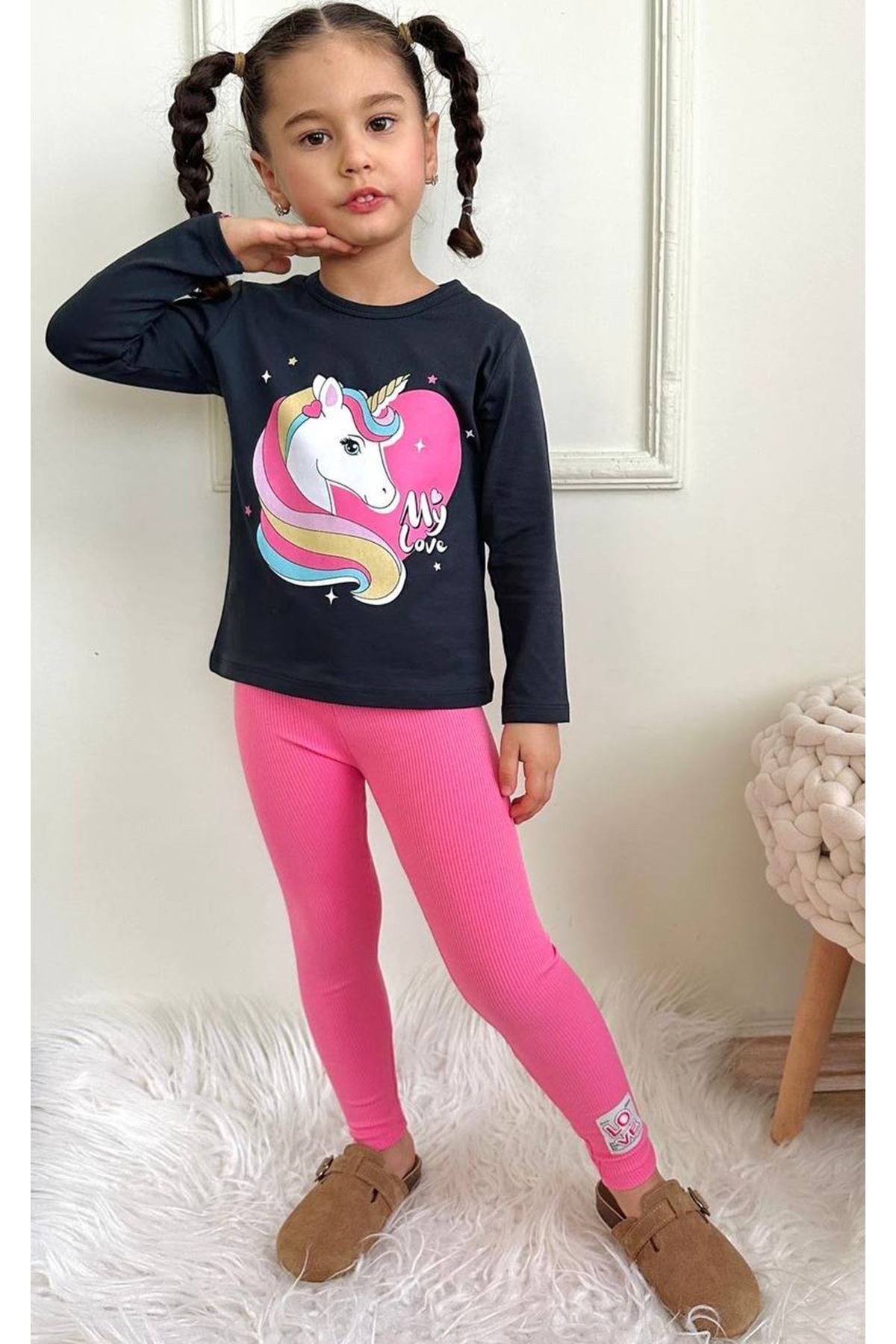 PJKT Unicorn Desenli Siyah Fuşya Penyeli Taytlı Kız Çocuk Takımı 3-10 Yaş 7502-F