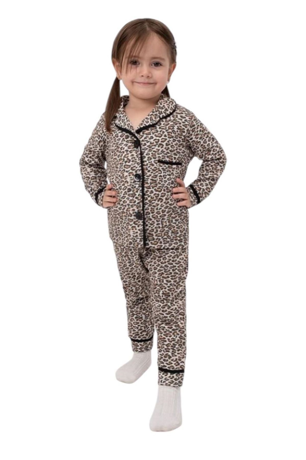 DLŞP Leopar Desenli %100 Pamuk Bebek Pijama Takımı 1076-L