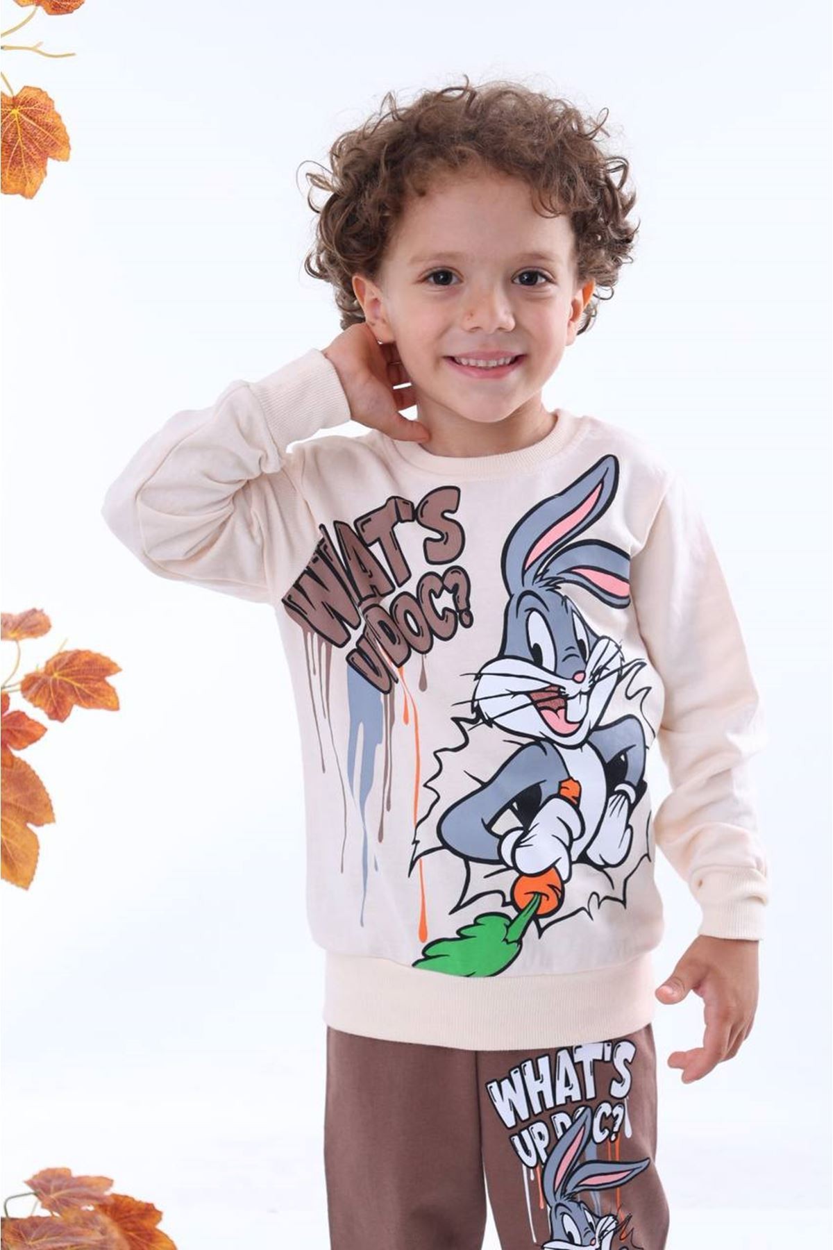 PJK2İ Bugs Bunny Desenli Kahverengi 2 İp %100 Pamuk Erkek Çocuk Eşofman Takımı 3-10 Yaş 7247-K