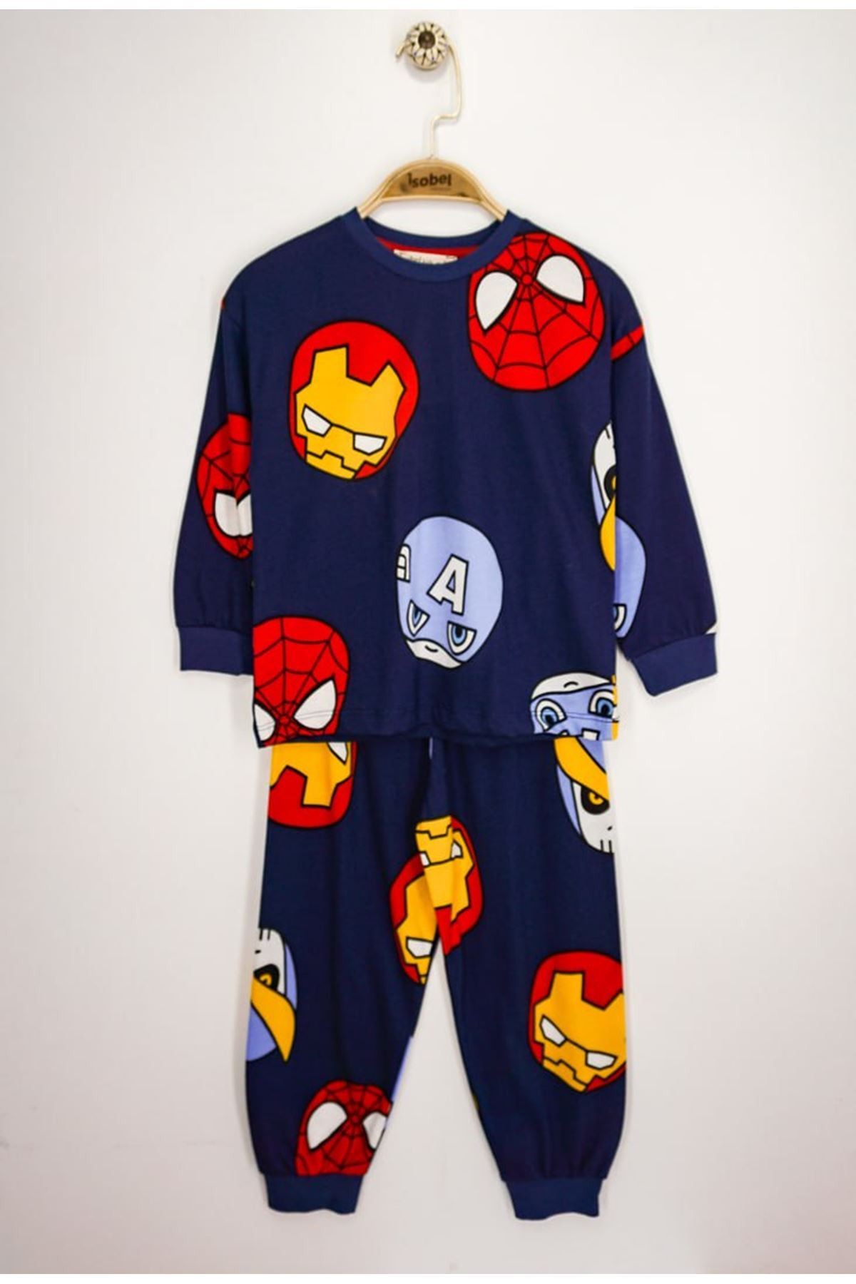 İSOB Lacivert Marvel Desenli %100 Pamuk Erkek Çocuk Pijama Takımı 3-8 Yaş 32224-L