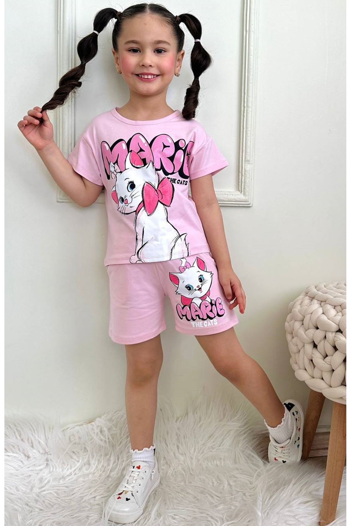 PJKSKT Marie Tatlı Kedicik Desenli Pembe Şortlu Kız Çocuk Kısa Kol Takım 7623-P