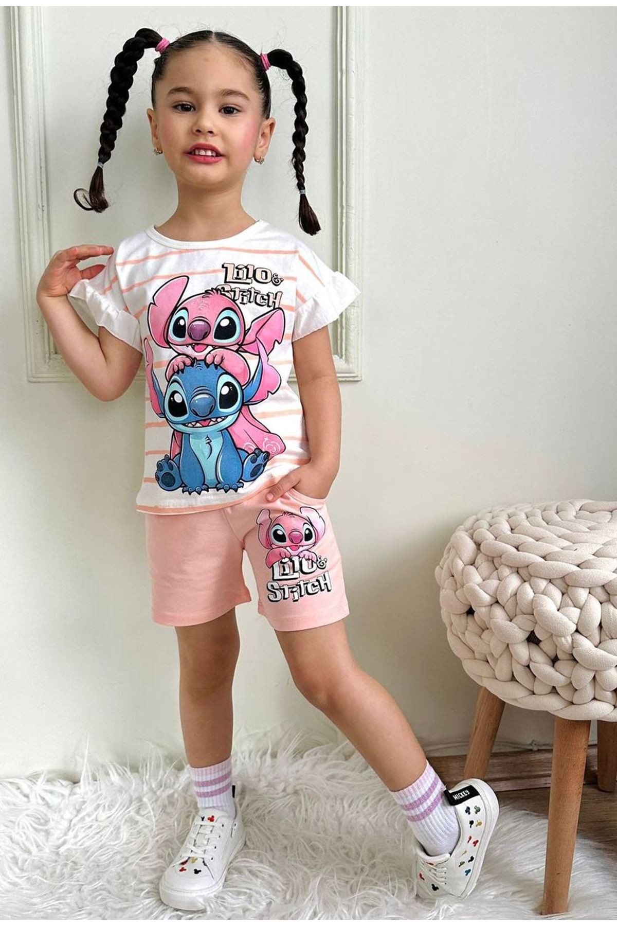 PJKSKT Stitch Desenli Somon Şortlu Kız Çocuk Kısa Kol Takım 7531-S