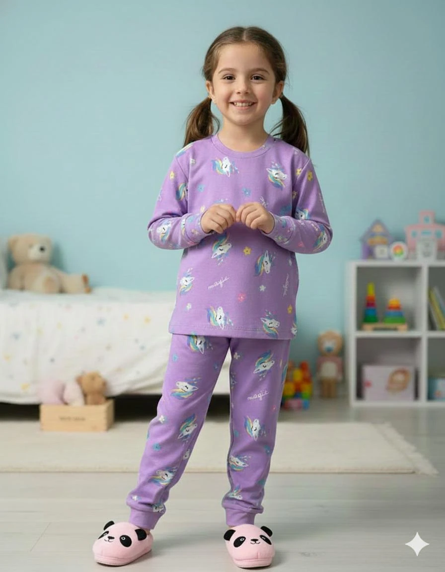 İSOB Lila Unicorn Desenli İnterlok %100 Pamuk Kız Çocuk Pijama Takımı 3-8 Yaş 42009