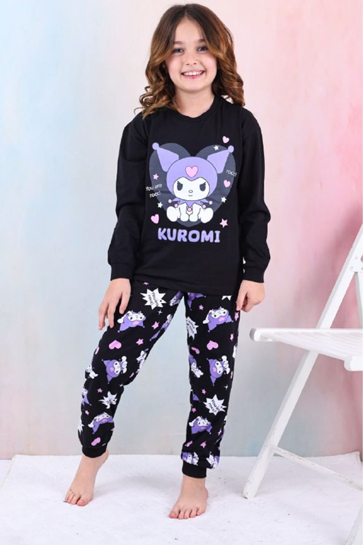 İSOB Siyah Kuromi Desenli %100 Pamuk Kız Çocuk Pijama Takımı 3-13 Yaş 41203-41402-S