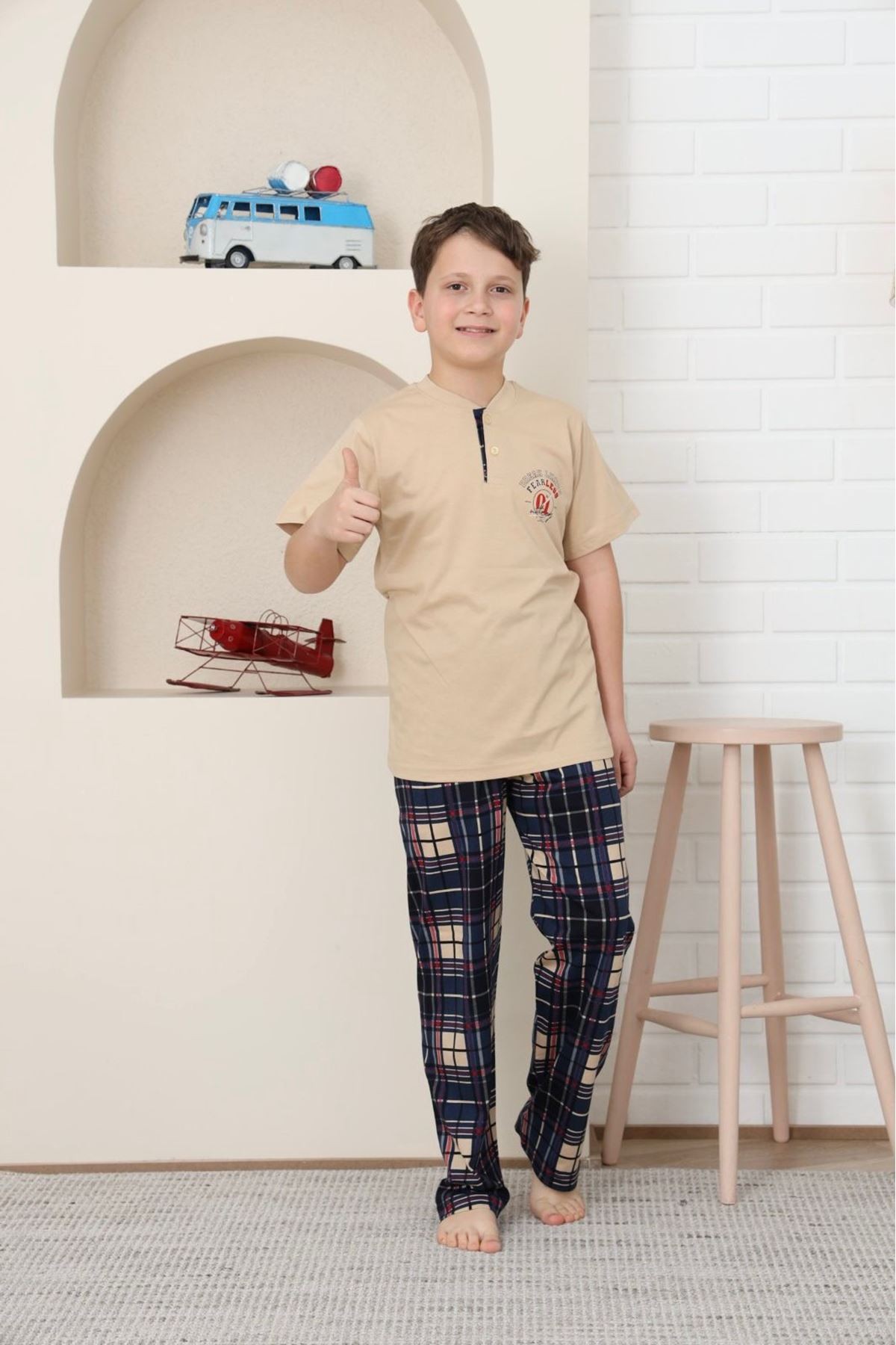 KAPİP Bej Break Limite Baskılı Kısa Kollu Erkek Çocuk Pijama Takımı 10-15 Yaş 5873-B