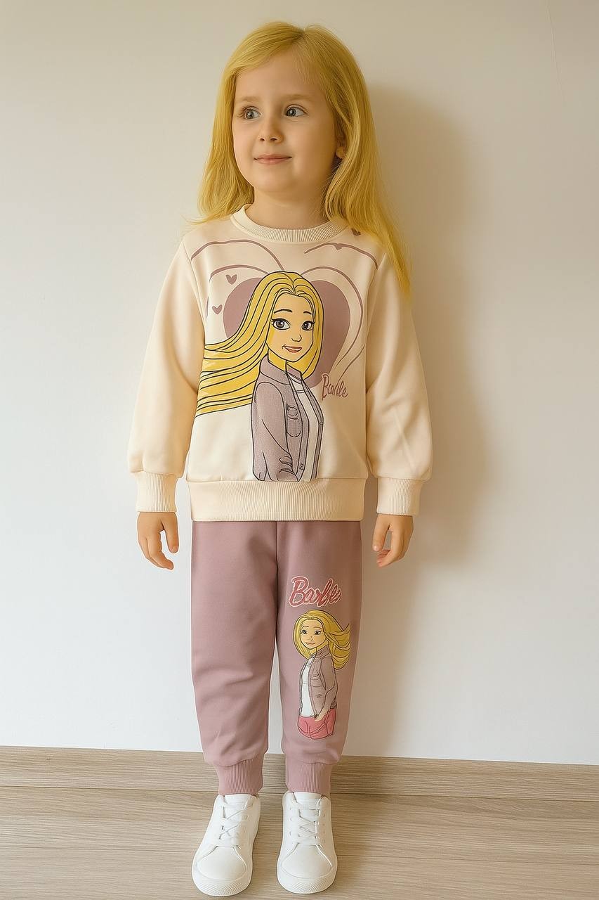 PJK2İ Barbie Desenli 2 İp %100 Pamuk Kız Çocuk Eşofman Takımı 3-10 Yaş 8118 - GÜL KURUSU