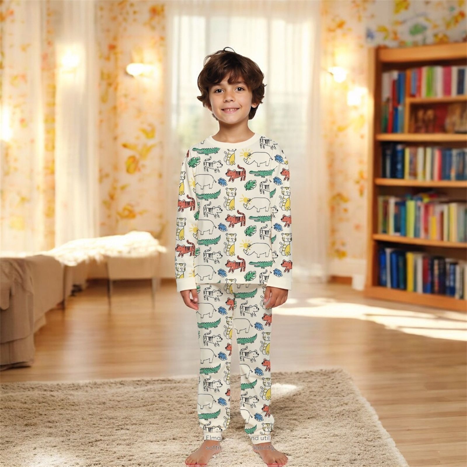 ELMPUP Krem Hayvanlar Alemi Desenli %100 Pamuk Erkek Çocuk Pijama Takımı 1-13 Yaş 3079