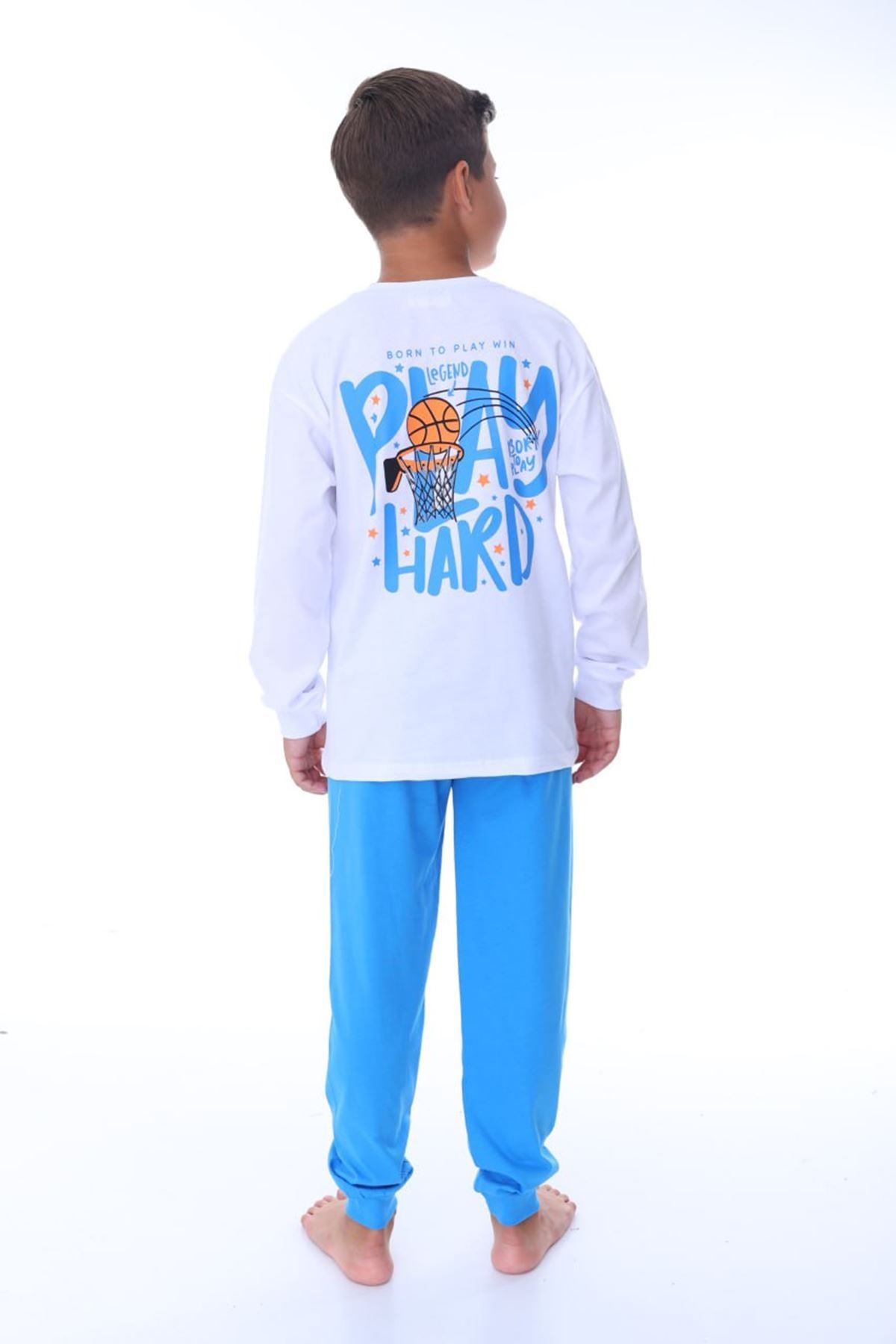 İSOB Beyaz Basketbol Desenli %100 Pamuk Erkek Çocuk Pijama Takımı 8-13 Yaş 36202-B