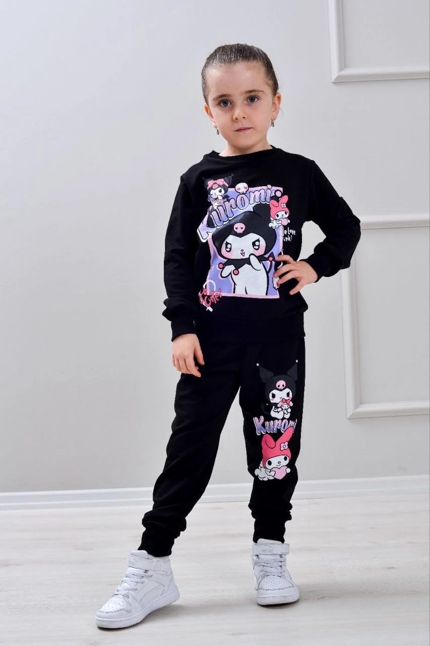 PJK2İ Kuromi Desenli 2 İp %100 Pamuk Kız Çocuk Eşofman Takımı 3-10 Yaş 6427 - SİYAH