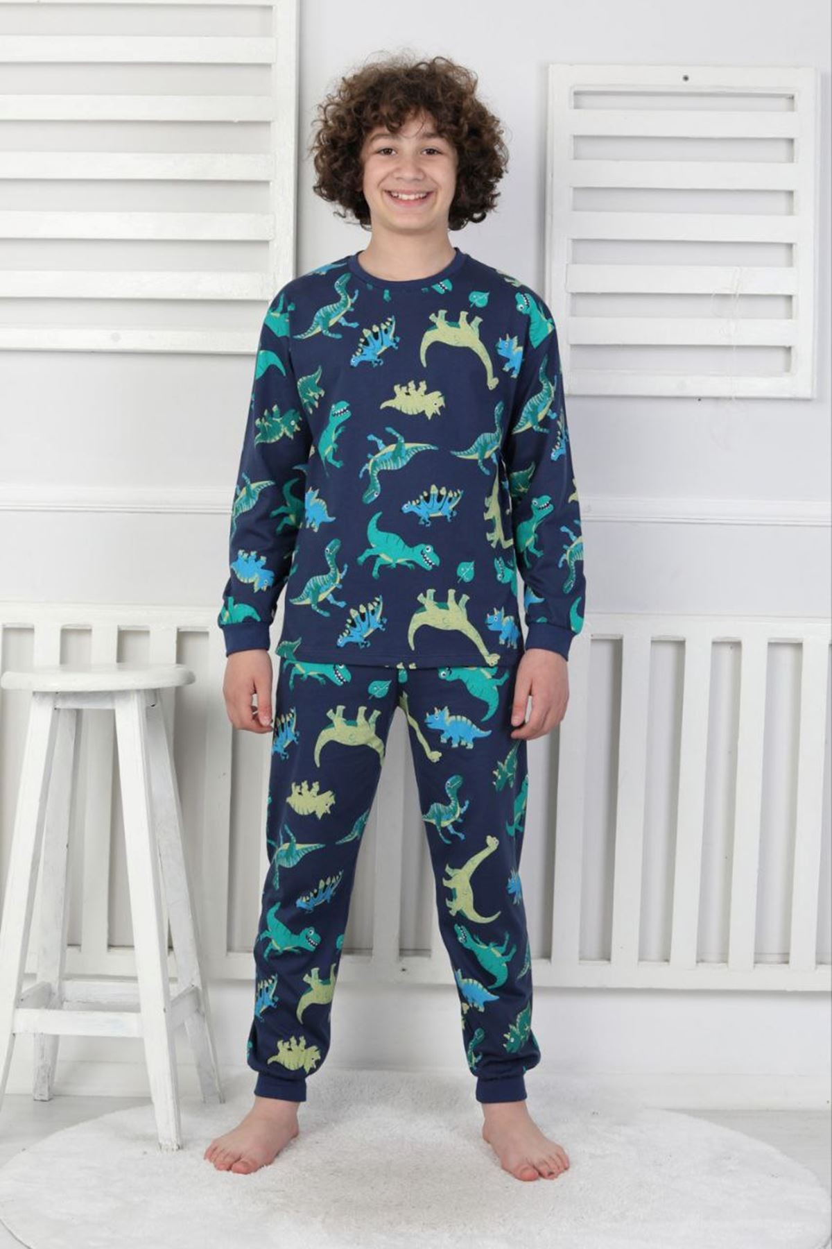 İSOB Lacivert Dinozor Desenli %100 Pamuk Erkek Çocuk Kısa Kollu Pijama Takımı 3-8 Yaş 41318-L