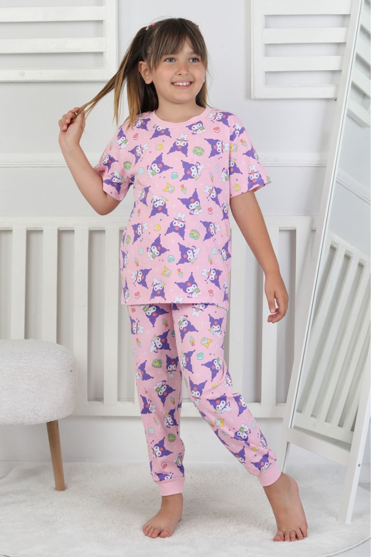 İSOB Pembe Kuromi Desenli %100 Pamuk Kız Çocuk Kısa Kollu Pijama Takımı 3-8 Yaş 41219-P