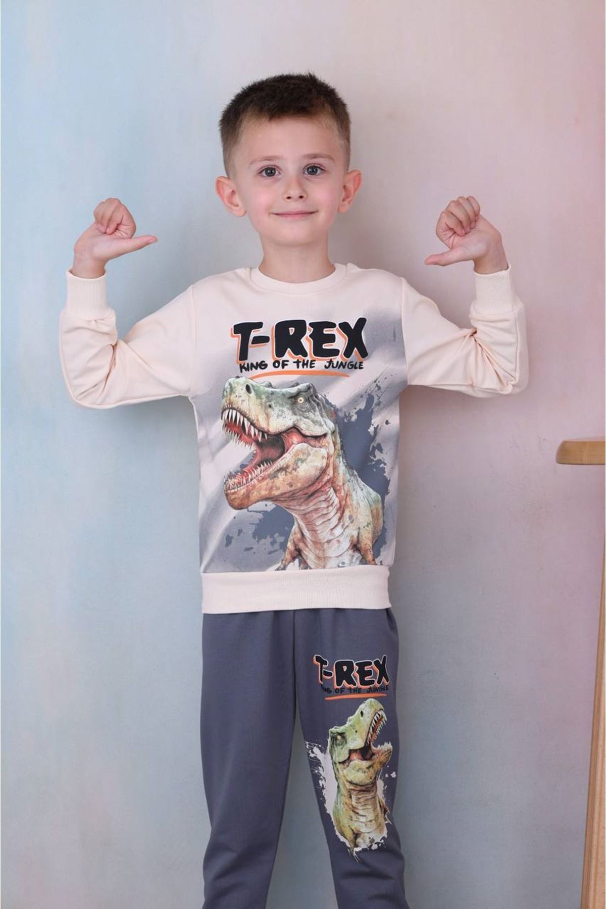 PJK2İ T-rex Desenli Füme 2 İp %100 Pamuk Erkek Çocuk Eşofman Takımı 3-10 Yaş 7257-F