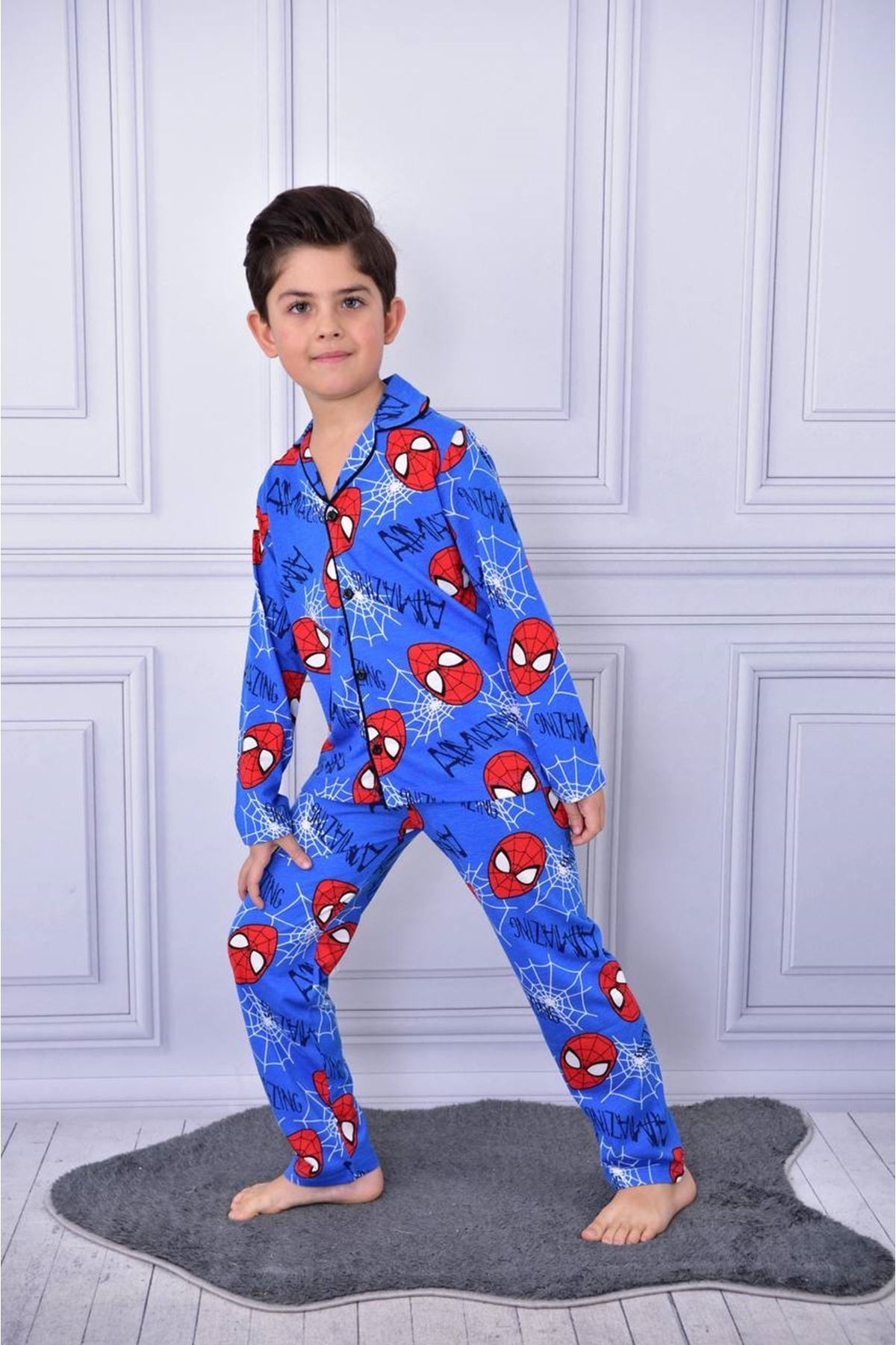 PJKÖ Örümcek Adam Desenli Mavi Uzun Kollu Önden Düğmeli Erkek Çocuk Pijama Takımı 4-12 Yaş 709U